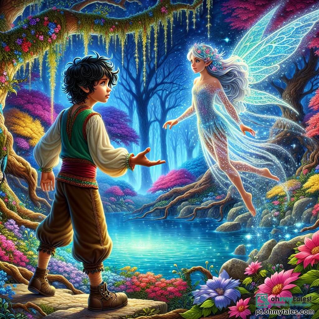 Aladdin, um jovem com cabelos negros e cacheados, usa uma calça larga e uma túnica colorida. Seu rosto expressa determinação e deslumbramento enquanto está à beira de uma magnífica lagoa encantada, cercado por flores vibrantes e árvores com folhas cintilantes. Ao seu lado, Malina, uma linda fada com asas translúcidas e brilhantes, parece triste, mas começa a sorrir, seus longos cabelos prateados flutuando suavemente na brisa. Ela está se libertando de seu feitiço, cercada por uma luz mágica que emana de seu coração. A paisagem é uma floresta encantada, com árvores gigantescas e troncos retorcidos, além de flores multicoloridas que dançam ao vento. A lagoa, de um azul brilhante, reflete as cores vivas da floresta, criando uma atmosfera mágica. A cena principal mostra Aladdin estendendo a mão para Malina, encorajando-a a reencontrar o amor e a alegria, enquanto uma aura de magia luminosa os envolve, simbolizando esperança e renascimento.
