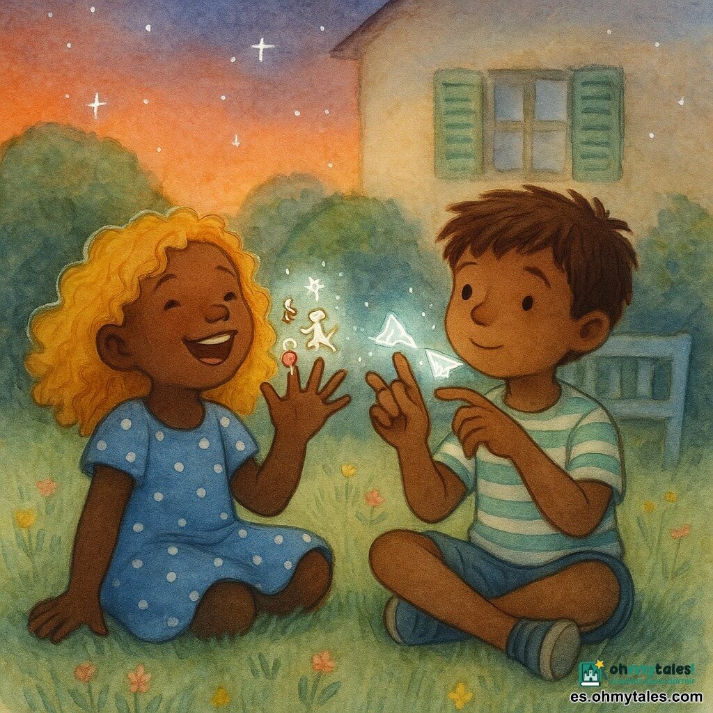 Hay dos niños de 7 años: una niña a la izquierda, pelo rizado dorado hasta los hombros, vestido de algodón azul con lunares blancos, sentada en la hierba riendo y mostrando los dedos abiertos hacia el cielo; un niño a la derecha, pelo castaño corto y despeinado, camiseta a rayas verde y blanca y pantalón vaquero corto, sentado junto a ella haciendo gestos de baile con los dedos mientras mira las estrellas; ambientado en un jardín de pueblo al crepúsculo con hierba verde, pequeñas flores silvestres rosas y amarillas, arbustos redondeados, un viejo banco de madera azul pálido y una casa crema con contraventanas verdes difuminadas; cielo anaranjado que se funde en azul noche con algunas estrellas; ambos muestran las manos como si cada dedo contuviera objetos imaginarios —caramelos de colores, un perro bailarín en miniatura, un dinosaurio verde, una montaña de hielo y un avión de papel—, con atmósfera suave y alegre, luz cálida del ocaso, texturas acuareladas y realces blancos en los contornos de los dedos y las estrellas.