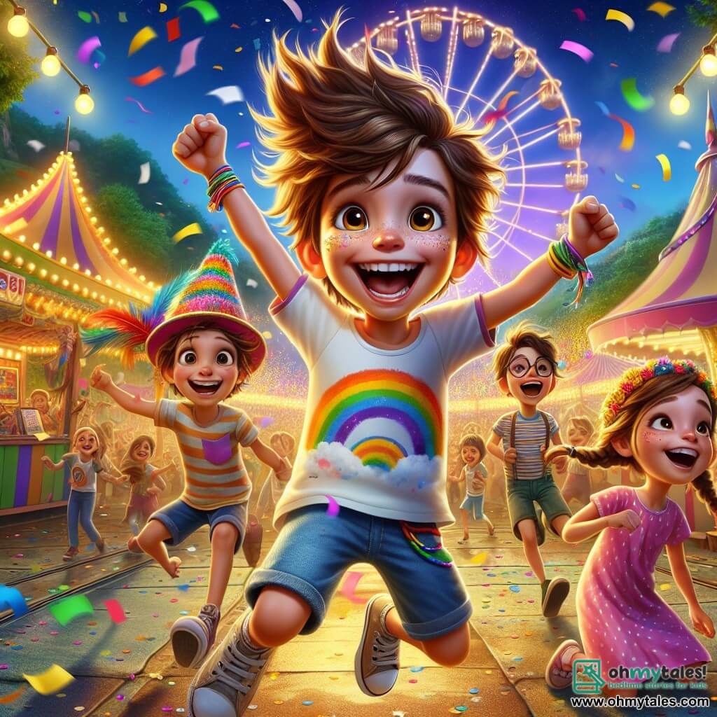 An 8-year-old boy, Sammy, with messy brown hair and a big smile, is wearing a colorful t-shirt featuring a rainbow and a feathered hat. He is jumping for joy with his arms raised to the sky, surrounded by falling colorful confetti. Next to him, Lily, a 7-year-old girl with braided blonde hair and a polka-dotted pink dress, laughs while throwing confetti in the air. Max, an 8-year-old boy with glasses and brown hair, holds a colorful flag and smiles at Sammy. The setting is a vibrant carnival park filled with game booths, colorful rides, and floating balloons. String lights decorate the trees, and a brightly lit Ferris wheel stands in the background under a bright blue sky. The scene shows Sammy and his friends celebrating the discovery of a treasure of joy, surrounded by laughter and colors, while children dance and have fun around them, creating a festive and magical atmosphere.