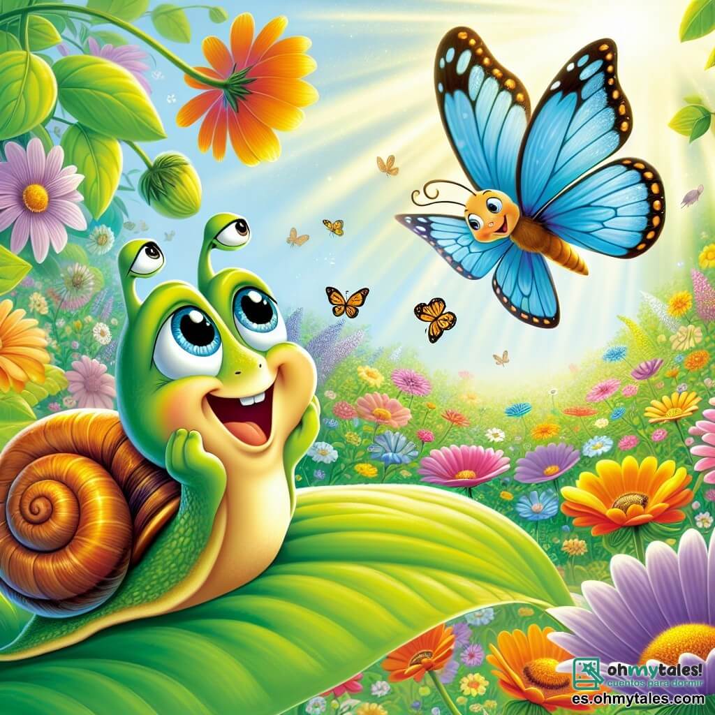 Silvio, un pequeño caracol con una concha espiral brillante y ojos llenos de curiosidad, se encuentra sobre una hoja verde, mirando con asombro un jardín colorido lleno de flores con pétalos brillantes. Expresa una emoción de alegría y asombro, con sus antenas levantadas hacia el cielo. A su lado, Lila, una mariposa con alas azul cielo y naranja brillante, vuela graciosamente, sonriendo como si invitara a Silvio a explorar más. Ella está suspendida en el aire, justo encima de Silvio, iluminada por la luz del sol. El lugar es un jardín mágico, donde las flores bailan suavemente con la brisa, creando una atmósfera de sueño y descubrimiento. La situación principal muestra a Silvio, maravillado por la belleza del jardín, preparándose para hacerle una pregunta a Lila sobre las maravillas del mundo que lo rodea, simbolizando su búsqueda de curiosidad y conocimiento.