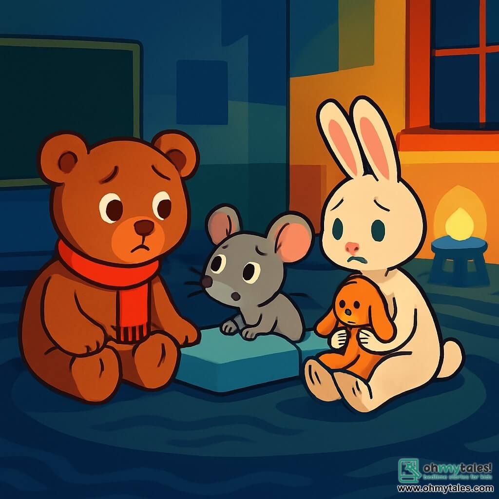 Teddy, a soft brown teddy bear wearing a red scarf, has a worried look and round eyes, sitting on a plush carpet in a dark classroom surrounded by darkness. Milo, a small gray mouse with big ears, is lying on his mattress with wide eyes in fear, whispering to Teddy. Lila, a white rabbit with big paws, sits next to Milo holding a plush toy, looking nervous. The classroom has colorful walls but the lights are off, creating dancing shadows on the floor. A soft night light shines in a corner, adding warmth to the atmosphere. Teddy, a bit scared of the dark, takes a deep breath, seeking comfort from his friends in this fearful moment.