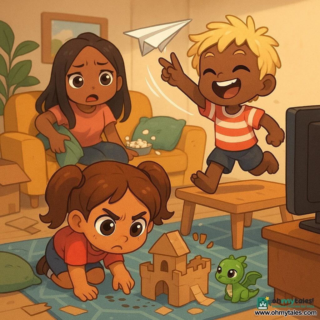 A warm, slightly messy living room in bright, soft lighting (mustard sofa, blue rug, light wood coffee table, black TV screen, scattered cushions, cardboard boxes and tape) shows three chibi-kawaii children investigating a missing remote: a mischievous, concentrated 12-year-old girl with brown pigtails kneels on a geometric rug building a cardboard castle and examines a small paper footprint nearby; her 6–8-year-old blond little brother stands on the coffee table with tousled hair, grinning dramatically and making a “whoosh” with a paper airplane as an “clue”; their 15–16-year-old sister with loose black hair and a mock-exasperated look sits on the sofa beside a spilled bowl of popcorn, peering under a cushion.