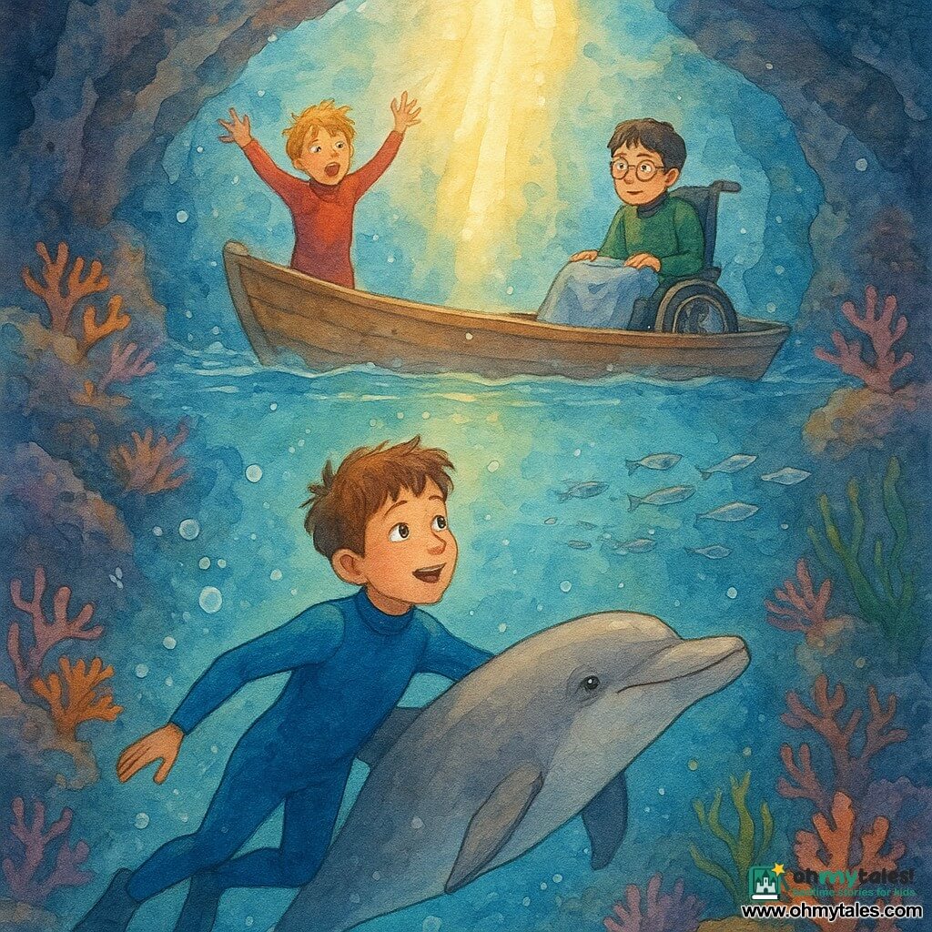 Three boys in a vast underwater cavern: Ethan, 11, short chestnut hair in a blue wetsuit, awe‑struck, swims at the center guided by a taupe-gray dolphin toward a golden column of light; Leo, 10, tousled blond hair in a red wetsuit, stands at the bow of a small wooden boat visible through the cave opening above, arms raised; Max, 11, black hair and thin glasses in a green wetsuit, sits in a secure wheelchair on the boat holding a blanket and looking anxiously at the water; the cavern has speckled rock walls, pink and orange coral gardens, purple anemones, swaying green seagrass, schools of silvery fish, soft bubbles and a gentle current.