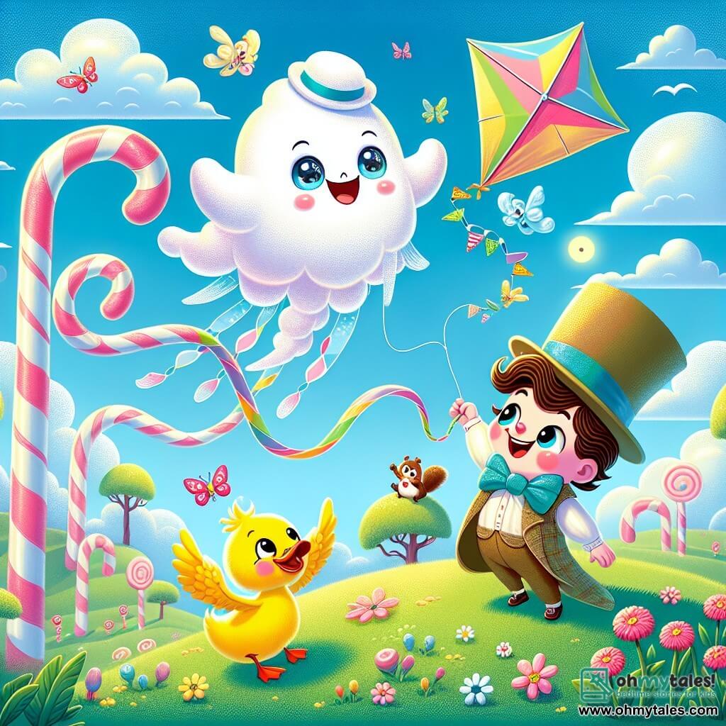 A cheerful ghost named Wimbus floats in the air, his cloud-like body a bright pink, wearing a large sparkling hat filled with glitter. His eyes shine with excitement as he holds a colorful heart-shaped kite, ready to soar into the sky. Next to him, a small boy duck in a stylish blue bow tie looks in wonder at the kite. He stands on a green hill, his yellow feathers shimmering in the sun. A squirrel with a monocle, a mischievous boy with brown hair, climbs a nearby tree, laughing as he tries to catch the kite tangled in the branches. The setting is a sunny hill dotted with colorful flowers and large candy-striped trees, under a clear blue sky with fluffy clouds floating gently. The main scene shows Wimbus and his friends laughing and having fun as they attempt to fly the kite, creating a joyful and playful atmosphere filled with laughter and vibrant colors.