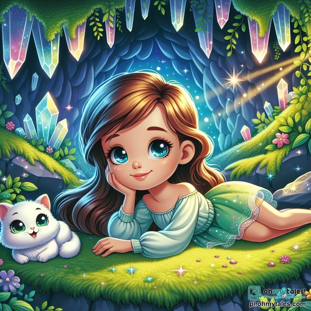 Osiemletnia dziewczynka Zosia, z długimi brązowymi włosami i błyszczącymi oczami pełnymi ciekawości, leży na miękkim zielonym dywanie z mchu w magicznej jaskini. Ma spokojny uśmiech, a jej policzki są lekko zarumienione, co wskazuje, że czuje się bezpiecznie i szczęśliwie. Obok niej leży mały biały kotek z błyszczącymi oczami i jedwabistym futrem, który cicho mruczy i wtula się w nią. Jaskinia jest oświetlona błyszczącymi kryształami, które rzucają miękkie, kolorowe światła na ściany, tworząc spokojną i bajkową atmosferę. Zielone liany i świecące kwiaty zdobią podłogę, dodając magii temu czarującemu miejscu. Zosia, leżąc na dywanie z mchu, zamyka oczy i słucha łagodnych szeptów swojej poduszki, która opowiada jej uspokajające historie, podczas gdy kotek mruczy obok, tworząc atmosferę spokoju i harmonii.