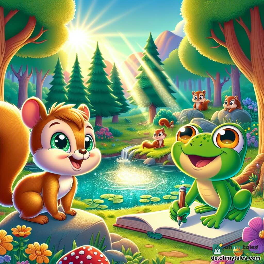 In einem kleinen sonnigen Wald schaut Albert, ein Eichhörnchen mit funkelnden Augen und golden-braunem Fell, bewundernd auf einen wunderschönen glitzernden Teich. Er ist fröhlich und neugierig, seine kleinen Pfoten erhoben, als wäre er bereit, sich zu stürzen. Neben ihm sitzt Felix, ein grüner Frosch mit gelben Flecken, auf einem Stein und hält ein großes Skizzenbuch. Er hat ein begeistertes Lächeln und seine Augen funkeln vor Aufregung, während er die Landschaft zeichnet. Der Wald ist voller bunter Blumen, großer Bäume mit grünen Blättern und einem klar blauen Himmel, was eine magische und friedliche Atmosphäre schafft. Albert und Felix erkunden gemeinsam diesen neuen Ort und feiern ihre Freundschaft sowie die Bedeutung der Zusammenarbeit, wobei jeder seine einzigartigen Talente einbringt.