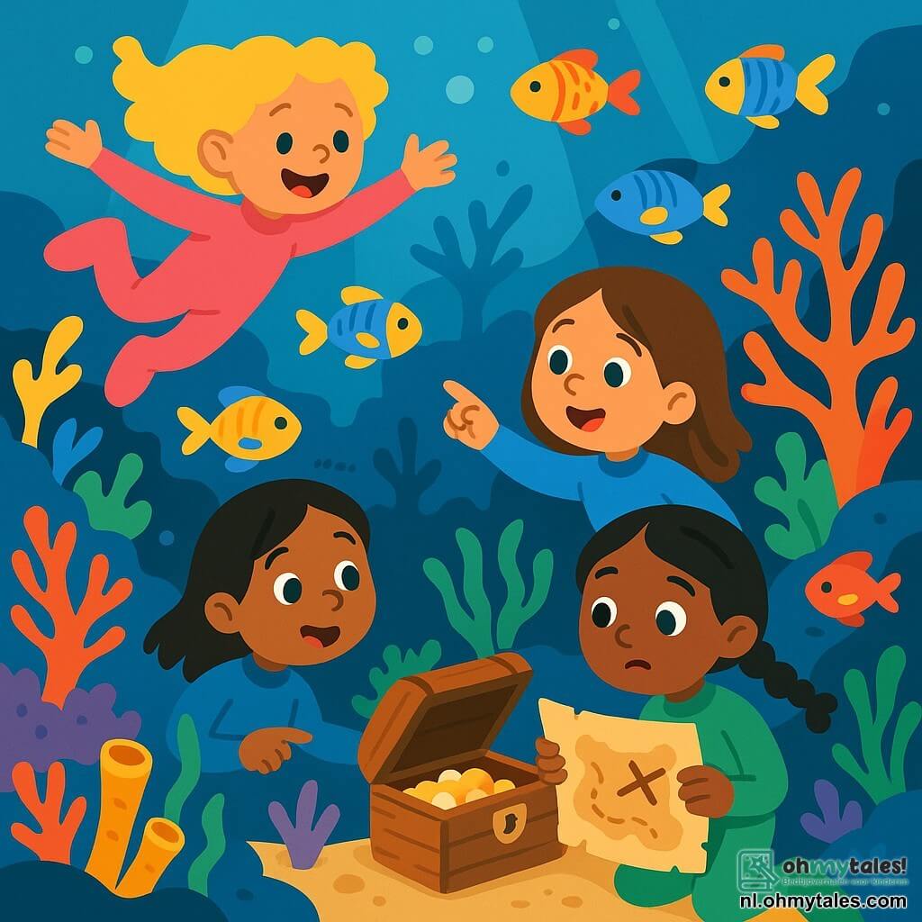 Er zijn 3 personages: - Anna: een 8-jarig meisje met blond, krullend haar, gekleed in een roze duikpak. Ze zwemt vrolijk met uitgestrekte armen, omringd door kleurrijke vissen. - Lotte: een 7-jarig meisje met bruin, steil haar, gekleed in een blauw duikpak. Ze wijst met haar vinger naar een grote koraal, met verwonderde ogen. - Noor: een 9-jarig meisje met zwart, gevlochten haar, gekleed in een groen duikpak. Ze houdt een oude kaart onder water vast en kijkt aandachtig om zich heen. De hoofdlocatie van dit verhaal is een prachtig koraalrif, vol met kleurrijke koralen, tropische vissen in felle kleuren en lichtstralen die door het wateroppervlak filteren, wat een magische en betoverende sfeer creëert. In het verhaal verkennen de drie vriendinnen een onderwatergrot, waar ze een oude houten kist bedekt met schelpen ontdekken, met een mysterieuze kaart erin, terwijl nieuwsgierige zeedieren hen gadeslaan.