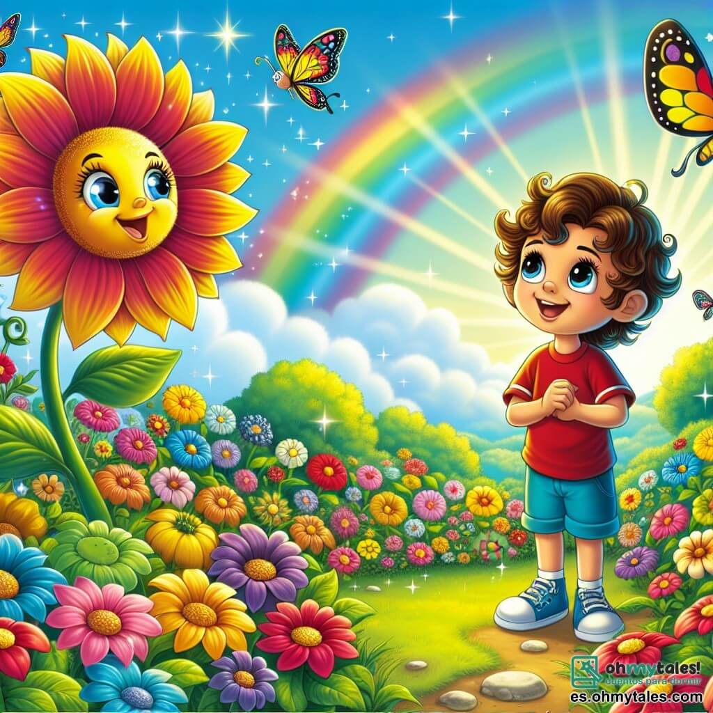 Un niño de 5 años llamado Felipe, con cabello castaño y rizado, grandes ojos curiosos y una sonrisa brillante, está en el centro de la imagen, mirando con asombro un jardín mágico lleno de flores coloridas que hablan. Lleva una camiseta roja y un pantalón corto azul, y sostiene un pequeño cuaderno en sus manos, listo para anotar sus descubrimientos. Junto a él, una flor amarilla con pétalos brillantes y un rostro sonriente le habla con entusiasmo. Más lejos, una mariposa colorida, con alas vibrantes de azul y verde, vuela alrededor de Felipe, añadiendo un toque de magia a la escena. El lugar es un jardín encantador, lleno de flores de todos los colores del arcoíris, con mariposas revoloteando y un cielo azul claro salpicado de nubes blancas. Rayos de sol iluminan el jardín, creando una atmósfera cálida y acogedora. La situación principal muestra a Felipe, maravillado, escuchando atentamente a la flor amarilla que le cuenta una historia, mientras la mariposa danza a su alrededor, creando un ambiente alegre y mágico, lleno de curiosidad y descubrimientos.