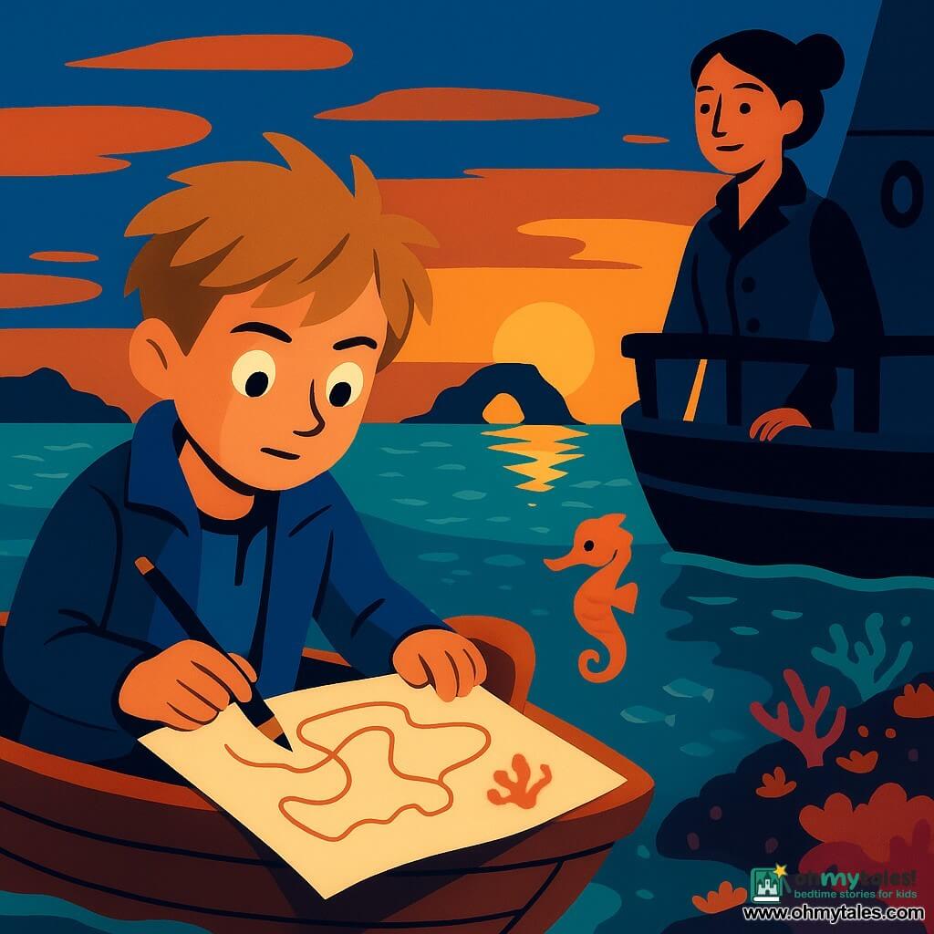 An 8-year-old boy with tousled light brown hair and a focused, amazed expression sits in a small varnished wooden dinghy wearing a light jacket with a wetsuit peeking out, holding a large white parchment and graphite pencil as he draws lines on a map; Captain Mira, about 35–40, fair-skinned with black hair in a bun and a calm, kind gaze, stands on the deck of a larger ship at the right background with a hand on the rail, watching proudly; a small silver lanternfish to the left emits a pale yellow glow while a tiny coral-hued seahorse hovers by the parchment as if pointing; the scene is a calm dusk sea with turquoise-to-deep-green water, golden sun reflections, schools of silver fish, colorful coral visible below, and a row of bioluminescent stones forming a glowing trail to a dark cave on the horizon; mood soft, magical and adventurous, palette of deep blues, turquoises, coral and bright yellow.
