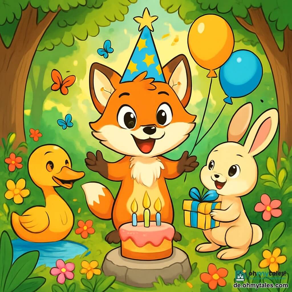 Ein junger, verspielter Fuchs namens Finn steht im Mittelpunkt der Szene, trägt einen bunten Geburtstags Hut mit glitzernden Sternen. Seine strahlenden Augen und sein breites Lächeln zeigen seine Aufregung über seinen Geburtstag. Er ist umgeben von bunten Wildblumen und glänzend grünen Blättern. Rechts von ihm schaut Mümmel, ein niedlicher kleiner Hase mit großen Ohren und weichem, weißem Fell, überrascht und fröhlich zu Finn. Er hält ein kleines Geschenk in seinen Vorderpfoten, bereit, es seinem Freund zu geben. Links schwimmt Emmy, ein anmutiger Schwan mit goldenen Federn, in einem kleinen Teich und strahlt vor Freude, als sie ihren Freund feiert. Der Hintergrund ist ein verzauberter Wald mit majestätischen Bäumen und Sonnenstrahlen, die durch die Blätter filtern und leuchtende Muster auf den Boden werfen. Bunte Schmetterlinge fliegen herum und verleihen der Atmosphäre einen Hauch von Magie. Die Hauptsituation zeigt Finn, umgeben von seinen Freunden, die eine Geburtstagsüberraschung entdecken: einen kleinen Kuchen mit glitzernden Kerzen auf einem flachen Stein, während Luftballons fröhlich in der Luft schweben.