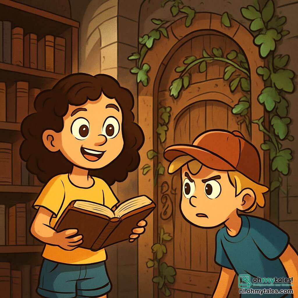 Een 10-jarig meisje, Lisa, met bruin, krullend haar, grote nieuwsgierige ogen en een verwonderde glimlach, staat voor een oude houten deur versierd met klimop in een stoffige bibliotheek. Ze draagt een felgele t-shirt en een spijkerbroekshort, terwijl ze een oud open boek in haar handen houdt, haar ogen sprankelend van opwinding. Naast haar staat haar vriend Tom, een 10-jarig jongetje met blond, rommelig haar en een vastberaden blik, die aandachtig naar de deur kijkt. Hij draagt een rode pet en een blauwe t-shirt, en leunt iets naar voren, klaar om het onbekende te betreden. De plek is een oude bibliotheek met donkere houten planken vol boeken met versleten omslagen, terwijl lichtstralen door stoffige ramen filteren en een mysterieuze en magische sfeer creëren. De belangrijkste situatie toont Lisa en Tom, geïntrigeerd en opgewonden, voor de geheime deur van de bibliotheek, klaar om het verborgen mysterie daarachter te ontdekken, met een voelbare sfeer van avontuur en nieuwsgierigheid in de lucht.