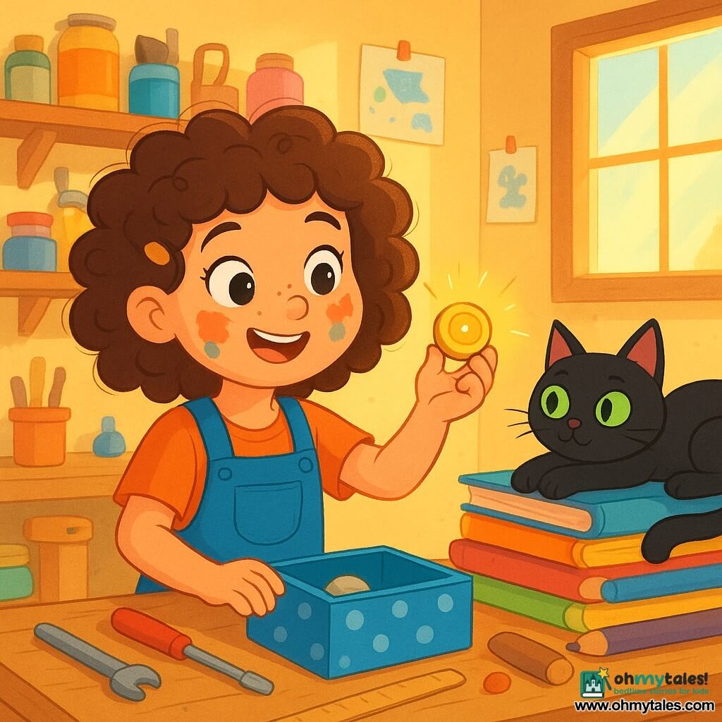 A young woman named June, with curly hair and paint splatters on her cheeks, smiles enthusiastically as she holds a shiny button in her hand. Her eyes sparkle with curiosity and joy. Next to her, a black cat named Miso, with bright green eyes, lounges on a pile of colored pencils, attentively watching June's work. Their workshop is a bright little garage filled with odds and ends: shelves loaded with paint pots, tools scattered on a wooden table, and drawings hanging on the walls. Sunbeams filter through a window, bathing the scene in soft golden light. June is testing her invention, a magical button that emits a soft glow and a gentle hum, as she places a small pebble in a polka-dotted box. The atmosphere is filled with excitement and creativity, with bursts of laughter and vibrant colors dancing around them.