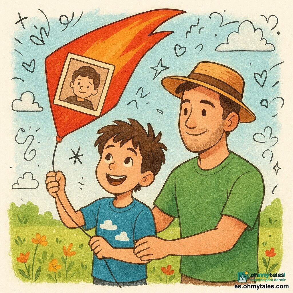 Un niño de 10 años, llamado Dani, sonríe con ojos brillantes de alegría, sosteniendo firmemente el hilo de una gran cometa roja. Tiene el cabello castaño despeinado y lleva una camiseta azul con un diseño de nubes. A su lado, su padre, un hombre de unos 35 años, sonríe con ternura. Lleva un sombrero de paja y una camiseta verde, y ayuda a Dani a mantener la cometa en el aire. Están en un extenso prado verde salpicado de flores silvestres coloridas, con un cielo azul claro y algunas nubes algodonosas. La cometa roja se eleva alto en el cielo, vibrante de colores vivos, con una foto antigua pegada en su centro, flotando suavemente al viento.