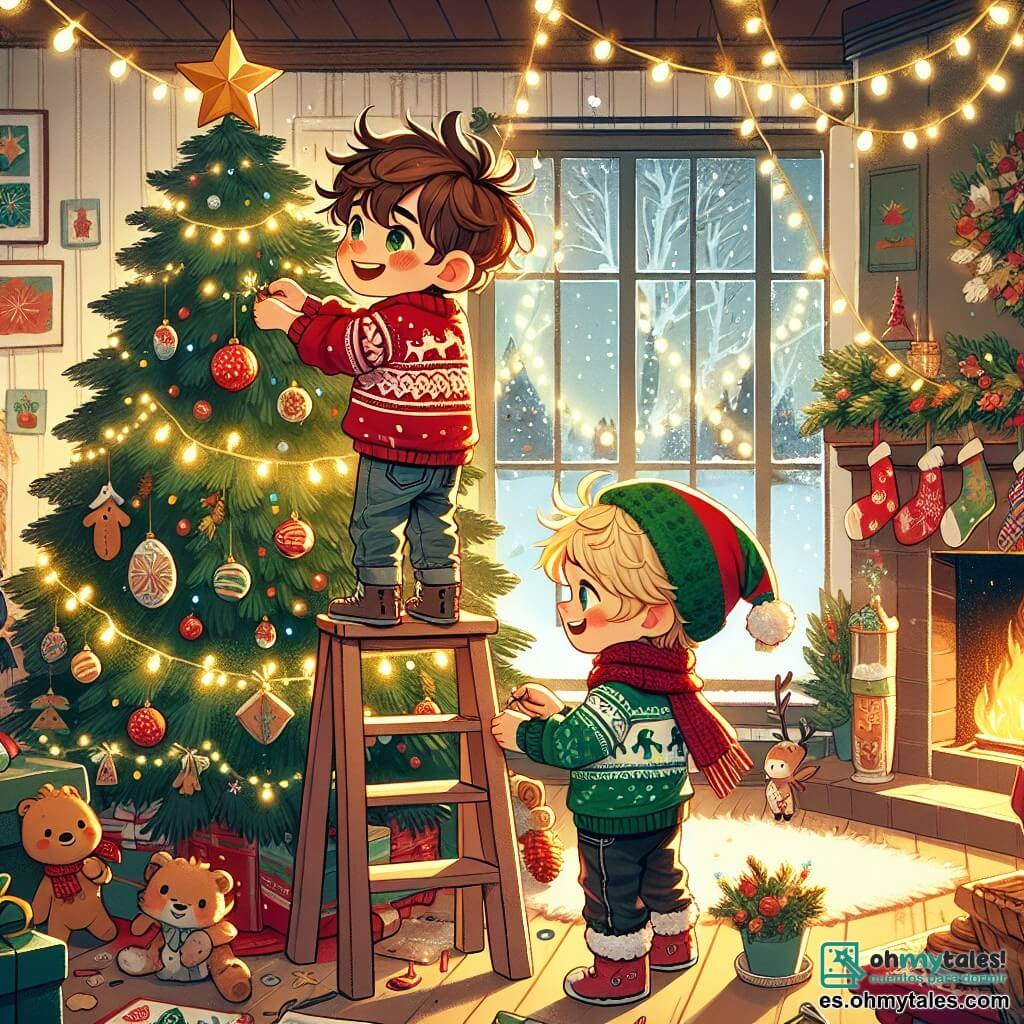 En un acogedor salón, dos niños, Lucas y Martín, decoran un gran árbol de Navidad. Lucas, de 8 años, tiene el cabello castaño desordenado y lleva un suéter rojo con un reno. Está de pie en una pequeña escalera, colocando una estrella dorada en la cima del árbol. Martín, también de 8 años, tiene el cabello rubio y lleva un gorro navideño verde. Está al lado de Lucas, sosteniendo una guirnalda luminosa que se prepara para envolver alrededor de las ramas. El salón está lleno de luces brillantes y decoraciones coloridas. Una chimenea crepita, proyectando un suave resplandor dorado en las paredes decoradas con copos de nieve de papel. Galletas navideñas están sobre la mesa, y copos de nieve caen suavemente afuera por la ventana. Lucas y Martín, llenos de entusiasmo, decoran su árbol mientras cantan villancicos alegres. La atmósfera es festiva y mágica, llena de la emoción de la temporada navideña.