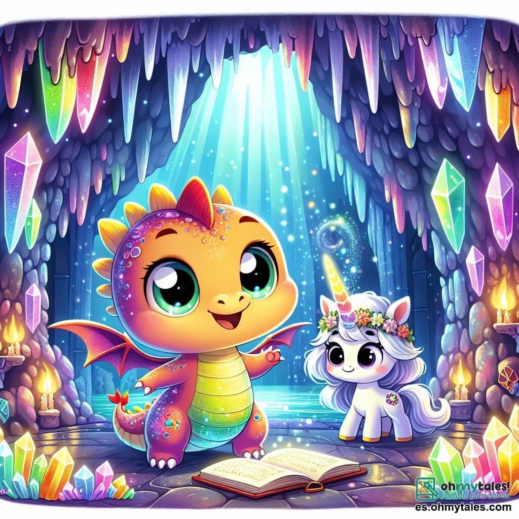 Un pequeño dragón con escamas brillantes de colores vivos y grandes ojos chispeantes de curiosidad se encuentra en el centro de una cueva mágica. Lanza chispas multicolores que iluminan la habitación, su rostro radiante de alegría y asombro. A su lado, un unicornio de pelaje plateado y un cuerno brillante que cambia de color observa con una sonrisa admirativa, sus ojos llenos de entusiasmo. Un elfo de orejas puntiagudas, con una corona de flores, se queda un poco atrás, con los brazos cruzados y una sonrisa cómplice, admirando la escena con expresión de felicidad. La cueva está tapizada de cristales brillantes que reflejan la luz de las chispas del dragón, creando un espectáculo de colores vivos en las paredes. En esta escena, el dragón y sus amigos descubren un antiguo libro de magia, con rostros iluminados por el hallazgo, llenos de emoción y aventura, listos para sumergirse en un mundo de conocimientos encantados.