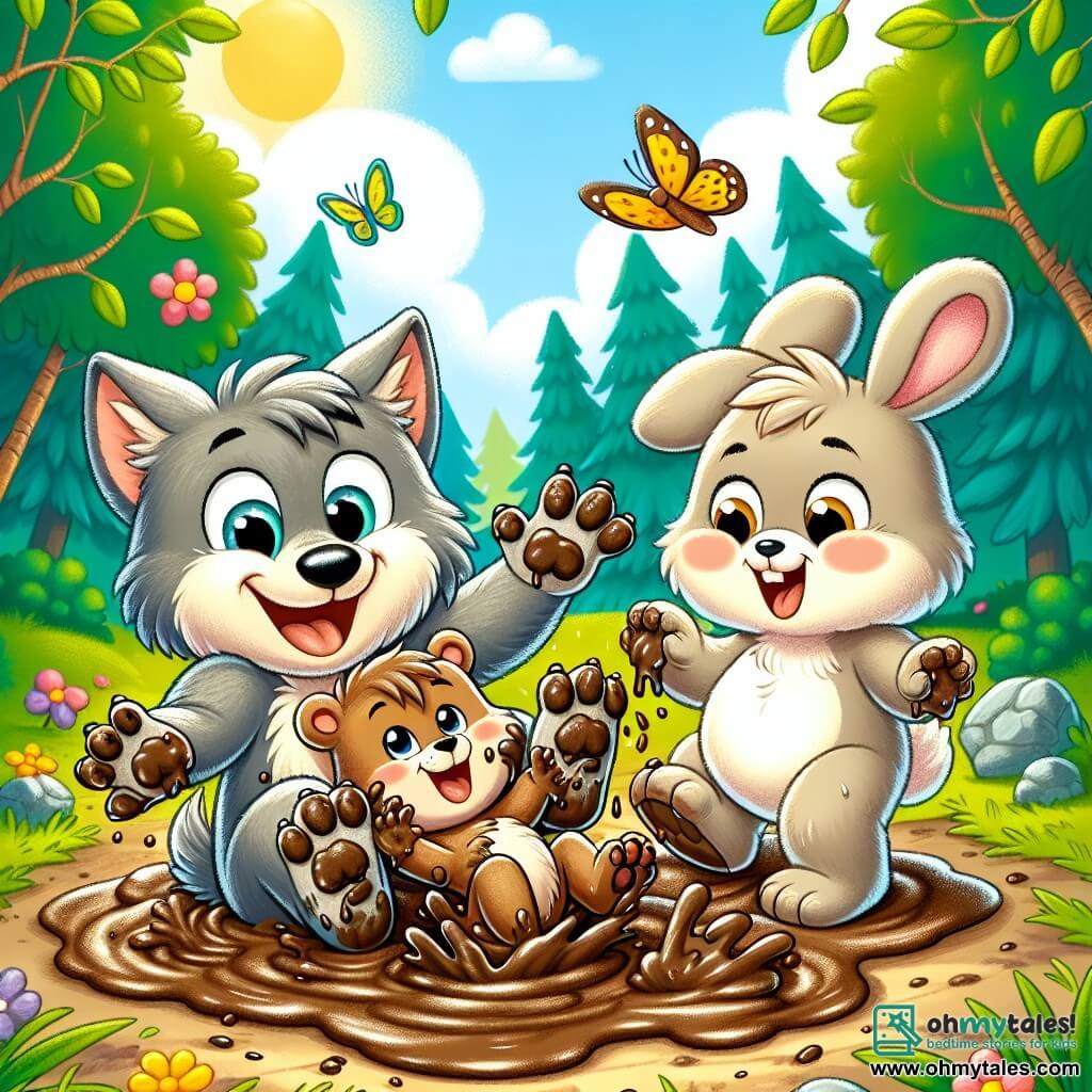 An illustration depicts a small wolf, a boy with gray fur and sparkling eyes, laughing uproariously as he rolls in a puddle of mud, his paws covered in dirt. Next to him is a teddy bear, a tall boy with brown fur and a warm smile, bursting with laughter as he tries to catch a small mud pie rolling toward him. A little bunny, a girl with white fur and long ears, stands a bit further away, her eyes wide with surprise while laughing at the situation, her paws also muddy. The setting is a sunny clearing in the heart of a forest, where tall trees with green leaves sway gently in the wind, and colorful flowers dot the muddy ground. The main scene shows the three friends having fun together, making mud pies while laughing and playing, with mud splashes around them, illustrating joy and friendship. Additional graphic elements include butterflies fluttering around them, leaves falling from the trees, and a blue sky dotted with fluffy white clouds, adding a touch of magic to this cheerful scene.