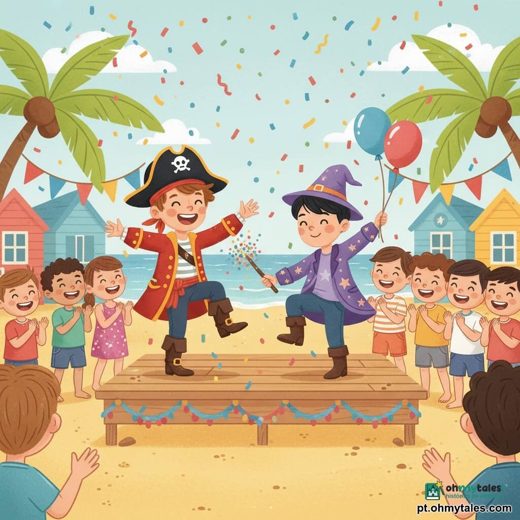 Dois meninos: Tomás, cerca de 8 anos, cabelo castanho desgrenhado, grande chapéu de pirata vermelho e preto, jaqueta com botões dourados e botas marrons brilhantes, ri e dança com um pé erguido à esquerda; Vasco, cerca de 8 anos, cabelo preto curto, pequeno chapéu de mágico roxo, jaqueta com estrelas e varinha coberta de confetes, sorri timidamente e estende a mão para apanhar um balão. Praia ensolarada de areia dourada com palmeiras e bandeirolas coloridas, confetes no ar e um pequeno palco de madeira decorado no centro. Os dois dançam no palco durante o carnaval, cercados por crianças que aplaudem; Tomás faz uma pirueta enquanto Vasco agita a varinha e espalha confetes.