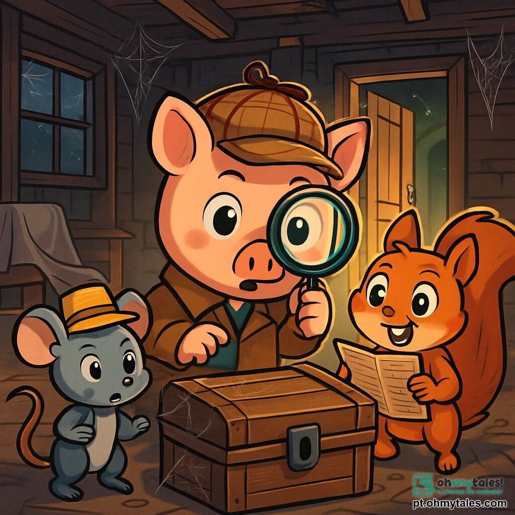 No centro da imagem, Benny, um pequeno porquinho detetive travesso, com um chapéu de detetive e uma lupa nas patas, exibe uma expressão de intensa curiosidade, seus olhos brilhantes e orelhas em pé. À sua direita, Lili, uma esquile travessa com grandes olhos brilhantes, segura um velho jornal e sorri entusiasticamente, suas pequenas patas agitadas. À esquerda, Max, um corajoso camundongo com um pequeno chapéu de palha, olha ao redor com uma expressão determinada, pronto para explorar. O cenário é uma velha casa abandonada, com paredes de madeira deterioradas, janelas empoeiradas e uma porta entreaberta que deixa entrever uma luz misteriosa. Teias de aranha pendem nos cantos, e móveis antigos estão cobertos com lençóis brancos. A cena mostra Benny, Lili e Max descobrindo um velho baú no porão escuro, cercados de poeira e mistério, enquanto se preparam para abrir o baú e revelar seu conteúdo secreto.