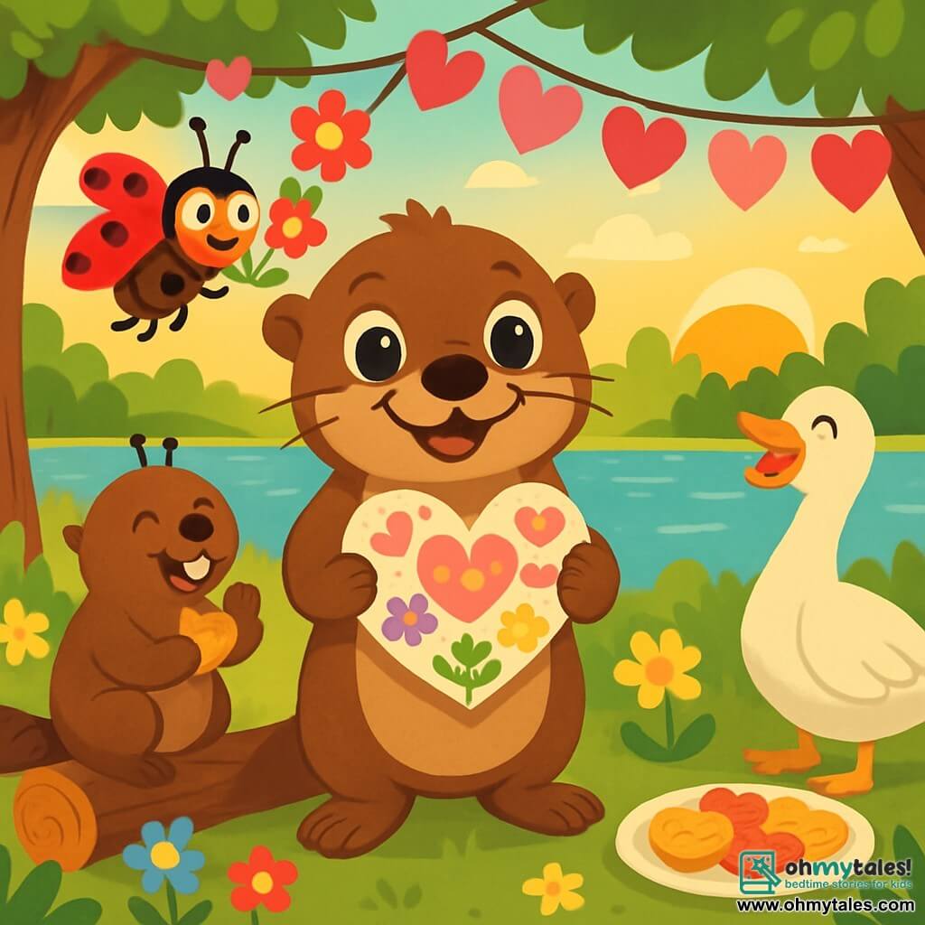 Oliver the otter, an adorable little otter with sparkling eyes and soft brown fur, joyfully smiles while holding a large paper heart decorated with colorful drawings. He stands at the center of a Valentine's Day party, surrounded by his friends. Lily the ladybug, with her red wings and black spots, flies around Oliver, her eyes shining with excitement, adding colorful flowers to the decorations. Benny the beaver, with his brown fur and big white teeth, sits on a log, laughing and holding heart-shaped crackers, while Grace the goose, with her bright white feathers and graceful neck, happily sings beside them. The setting is a beautiful riverbank adorned with vibrant flowers and paper heart garlands hanging from tree branches. The setting sun bathes the scene in golden light, creating a warm and festive atmosphere. The main situation shows Oliver and his friends celebrating together, surrounded by games, sweet treats, and laughter, sharing moments of joy and friendship at their Valentine's Day party.