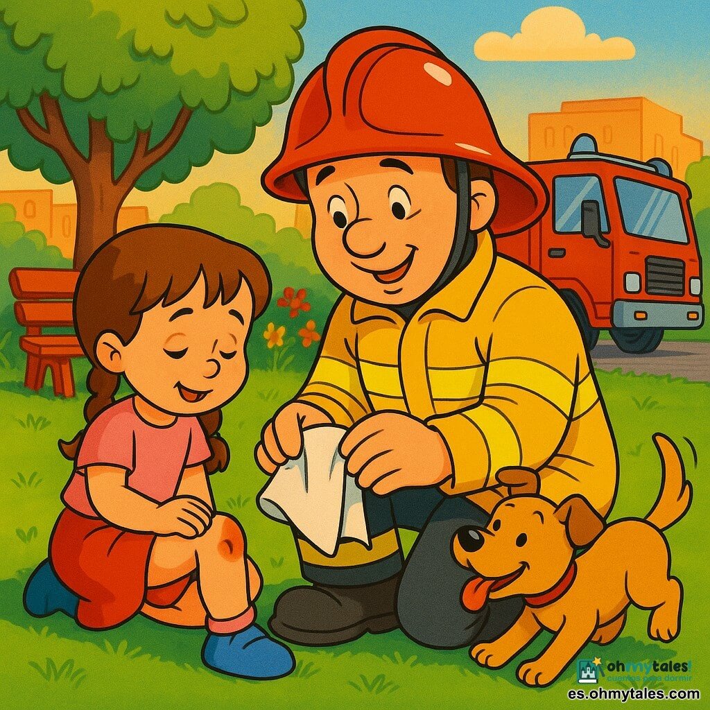 Un bombero sonriente y amable, casco rojo brillante y chaqueta amarilla con bandas reflectantes, está arrodillado y cura una pequeña herida en la rodilla de Sofía con un pañuelo blanco; Sofía, de unos 5 años, con trenzas castañas y falda rosa, está sentada en la hierba con la mano en la rodilla y expresión de alivio; un perrito pequeño color marrón claro mueve la cola junto a los pies del bombero; al fondo un parque urbano soleado con césped verde, un árbol de hojas redondeadas, un banco rojo, flores coloridas y un camión de bomberos rojo a pocos metros; luz cálida de final de tarde, atmósfera segura y amigable, colores saturados, contornos nítidos, estilo de dibujo animado de los años 90, líneas gruesas y texturas simples, expresiones claras para niños de 4 años.