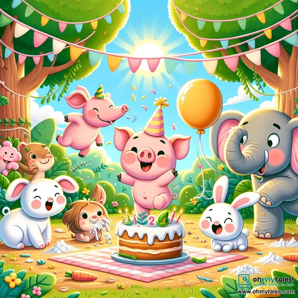 A joyful pig named Porky, with pink fur and round cheeks, dances with a big smile on his face, his little ears pointing up, in the middle of a colorful party. Next to him, Ellie the elephant, a large gray elephant with big ears and a party hat, bursts into laughter while holding a deflated balloon. Benny the rabbit, a small white rabbit with big ears, sits on the ground covered in flour, laughing at his own clumsiness. The scene takes place in a sunny jungle clearing, surrounded by green trees and bright flowers, with colorful garlands hanging between the branches. In the center, a large carrot cake is placed on a checkered tablecloth, while bananas are scattered around. Porky, Ellie, and Benny are having fun together, dancing and laughing, as jungle animals surround them, creating a festive and joyful atmosphere.