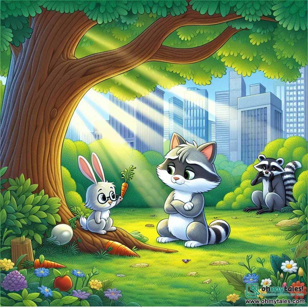 An illustration depicts a young cat, a boy with bright, curious eyes, sitting under a large oak tree. His soft fur is striped gray and white, and he has a determined expression, ready to defend his friend. Next to him, a small rabbit, a boy with long, droopy ears, timidly looks at the ground, his face showing slight sadness as he nibbles on a carrot. A little further away, a raccoon, a boy with black and gray fur, stands back, looking guilty with his paws crossed over his chest, realizing the impact of his teasing. The main setting is a sunny corner of the forest, with rays of light filtering through green leaves, illuminating the ground covered with wildflowers and soft grass. The main situation shows the young cat encouraging the little rabbit to talk to their teacher, while the raccoon in the background seems to reflect on his past actions, ready to change. Other graphic elements include colorful butterflies flying around, birds singing in the trees, and a warm, welcoming atmosphere that contrasts with the moment of tension, symbolizing hope and friendship.