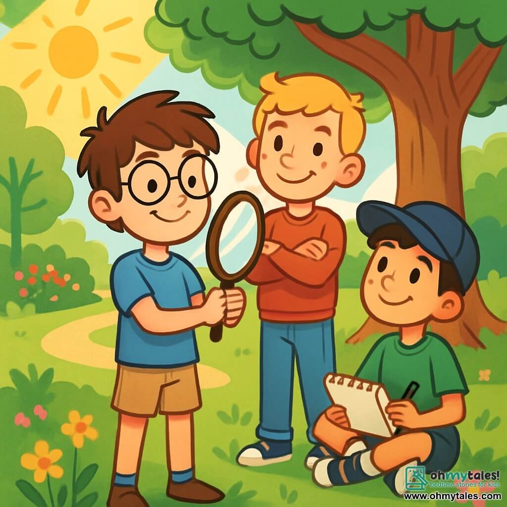 There are 3 characters: Eli, a 10-year-old boy with messy brown hair and round glasses, wearing a blue t-shirt and beige shorts, holding a mirror and smiling confidently at his reflection; Max, also 10, with blond hair and freckles, wearing a red sweatshirt and jeans, standing next to Eli with crossed arms and a big supportive smile; and Sam, a 10-year-old boy with black hair and a baseball cap, wearing a green t-shirt and black shorts, sitting on the grass with a sketchbook, admiring Eli. The scene takes place in a sunny park filled with majestic trees and colorful flowers, with a large oak tree providing shade in the center and bright green grass scattered with pink and yellow flower petals. In the background, there is a winding path lined with flowering bushes. The main situation shows Eli holding the mirror, realizing his self-confidence, while Max and Sam encourage him with joyful expressions, as sunlight filters through the leaves, creating a magical and inspiring atmosphere.