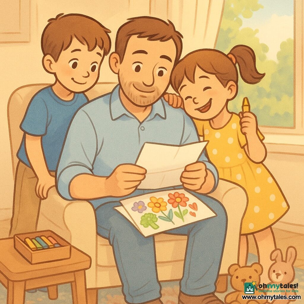 Three characters: Dad (adult man) with short brown hair and light beard, wearing a light blue shirt and jeans, seated in a cream fabric armchair by a window holding a folded white letter and a small bouquet of colorful drawings on his lap, smiling gently at the children; Leo (boy, 6) with short chestnut hair, blue t‑shirt and khaki pants, standing left of Dad leaning on the armrest, looking at the letter with a shy, bright-eyed smile; Mia (girl, 6) with a brown ponytail in a yellow polka-dot dress, standing right of Dad with her head on his shoulder, holding a yellow crayon as if she just drew, laughing eyes. Setting: bright living room with a window overlooking a green garden, warm morning light through a sheer curtain, cream armchair, small wooden table with a box of worn crayons, soft patterned rug and scattered plush toys. Main scene: intimate, joyful moment as Dad emotionally discovers the open letter and the children's vivid drawings (red flowers, green broccoli character, red hearts, yellow sunflowers), the yellow crayon visible like a trophy, warm pastel colors and tender expressions centered on the trio and the letter on Dad’s lap.