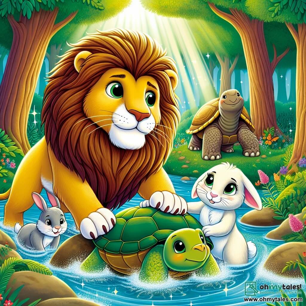 A majestic lion named Leo, with a shimmering golden mane, stands proudly by a river, his face showing determination and courage. Beside him, Tilly the little rabbit with big ears and soft white fur watches with bright eyes, ready to help. Ollie, the wise turtle with a green, rough shell, slowly stands behind them, wearing an encouraging smile. In the background, the Whispering Forest is filled with thick-trunked trees and colorful flowers, while the sun shines through the leaves, creating dancing shadows on the ground. The scene shows Leo and his friends united, together pushing a huge rock that blocks the river's flow, with sparkling water splashes around them, illustrating their teamwork and spirit of cooperation.