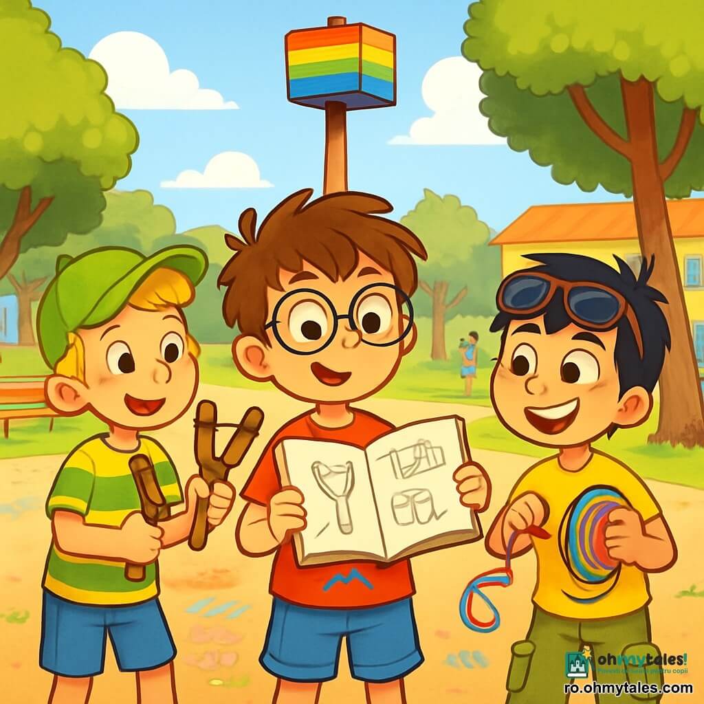 Există 3 personaje: - Andrei: un băiat de 8 ani, cu părul castaniu și ochelari rotunzi. Poartă un tricou roșu cu un desen de supererou și o pereche de pantaloni scurți albaștri. Este în centru, ținând un caiet de schițe deschis, uitându-se atent la prietenii săi. - Mihai: un băiat de 8 ani, cu părul blond și pistrui pe nas. Poartă o șapcă verde și un tricou cu dungi. Este în stânga, ținând o praștie din lemn, pregătit să o folosească pentru a ajunge la cutia de sus de pe catarg. - Luca: un băiat de 8 ani, cu părul negru și ochelari de soare pe frunte. Poartă un tricou galben și o pereche de pantaloni cargo. Este în dreapta, ținând o bobină de fir colorat, zâmbind cu entuziasm, pregătit să creeze o invenție. Locul unde se desfășoară situația principală este o curte de școală însorită, cu un mare catarg din lemn în centru, în vârful căruia se află o cutie colorată. În jur sunt copaci verzi și bănci din lemn, iar desenele cu cretă colorată decorează solul. Copiii se joacă în depărtare, adăugând o atmosferă veselă. Situația principală a poveștii arată cei trei prieteni încercând să atingă cutia de sus de pe catarg. Ei folosesc diverse obiecte: Andrei desenează planuri în caietul său, Mihai țintește cu praștia, iar Luca pregătește o praștie colorată pentru a trage cutia. Expresiile fețelor lor sunt pline de determinare și bucurie, ilustrând spiritul lor de echipă și creativitatea.