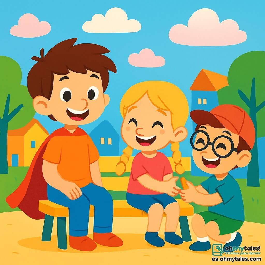Superleo es un niño de unos 8 años, con cabello castaño desordenado y una gran sonrisa alegre. Lleva una camiseta naranja brillante y pantalones azules, sentado en un banco, rodeado de colores vibrantes, con una mirada amistosa y cálida. A su lado, dos niños, una niña de 7 años con trenzas rubias y una camiseta rosa, y un niño de 6 años con gafas y una gorra roja, juegan juntos con un juguete, riendo y compartiendo. El lugar es una hermosa plaza de la ciudad de Brilloluz, con casas de colores vivos, árboles danzantes y nubes en forma de caramelos flotando en un cielo azul claro. La situación principal muestra a Superleo ayudando a los niños a compartir su juguete, con sonrisas radiantes y una atmósfera alegre, ilustrando la amistad y la amabilidad.