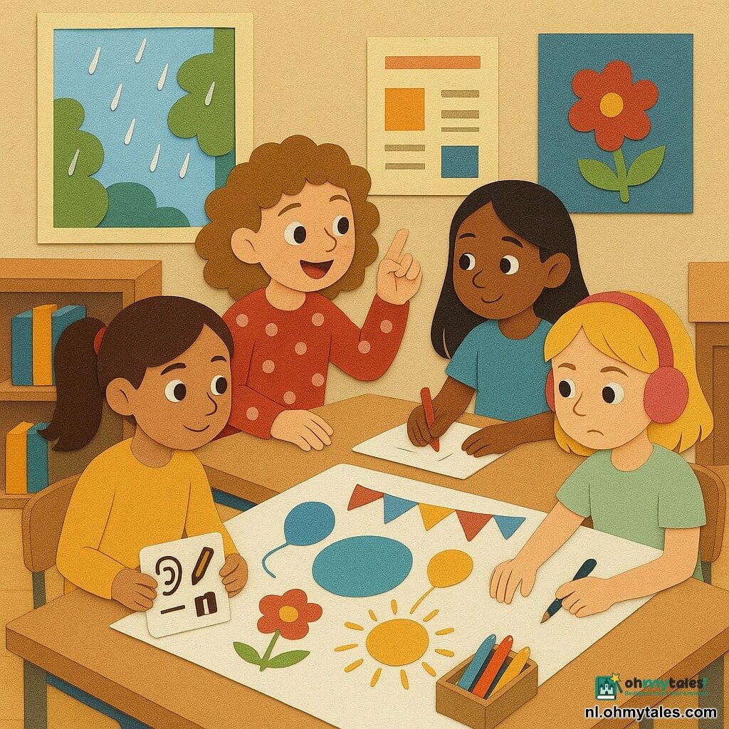 Vier kinderen van 8 jaar zitten in een lichte klas rond een grote witte blad op een tafel: Noor (bruin haar in paardenstaart, mosterdgele jas) laat een kaartje met pictogrammen zien; Lina (lichtbruin krullend haar, rode trui met witte stippen) schuift ideeën naar voren; Sara (blond bob, roze oordopjes, lichtgroen T-shirt) luistert geconcentreerd; Yara (lang zwart haar, blauwe jurk) tekent een grote kleurige affiche; de klas is zonnig, houten tafels, open raam met natte bladeren buiten, verfspatten op de vloer en een boekenplank met kleurige boeken.