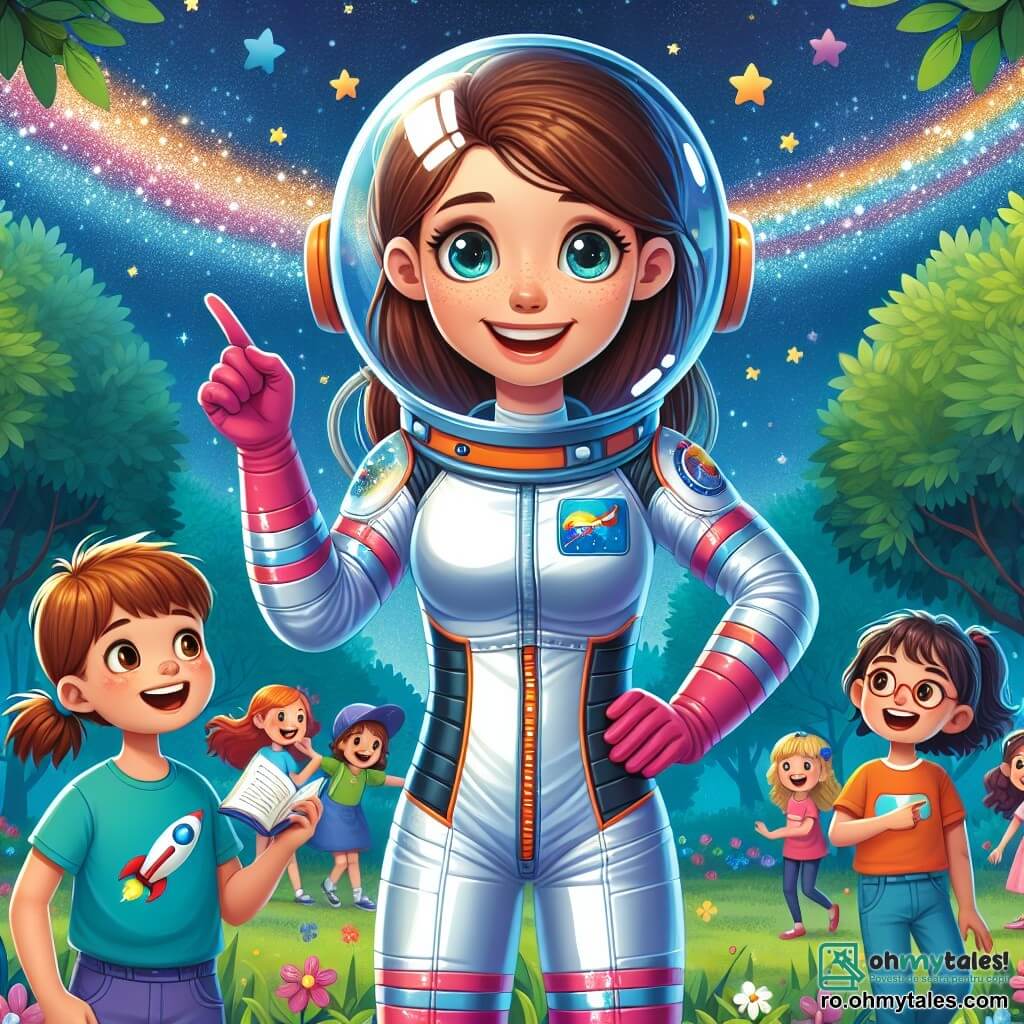 În centrul imaginii, Ana, o femeie astronaut de aproximativ 27 de ani, stă în picioare în costumul ei spațial strălucitor, cu un zâmbet mare pe față și ochii strălucind de entuziasm. Părul ei brun este prins într-o coadă de cal, iar casca este ușor înclinată pe o parte, lăsând să se vadă fața ei radiantă. Ea arată spre cerul înstelat, ca și cum ar împărtăși un secret minunat cu copiii din jurul ei. În dreapta ei, Alex, un băiat de 8 ani cu părul castaniu și ochi curioși, o privește pe Ana cu admirație. El poartă un tricou cu o rachetă desenată și ține în mâini o carte mică despre spațiu, cu ochii mari de uimire. În fundal, un parc verde este vizibil, cu copaci cu frunze strălucitoare și flori colorate care adaugă viață scenei. Copiii se joacă și râd, în timp ce un cer nocturn plin de stele sclipitoare se întinde deasupra lor, creând o atmosferă magică. Situația principală o arată pe Ana explicând cu entuziasm minunile universului lui Alex și altor copii, invitându-i să viseze și să își imagineze propriile aventuri în spațiu.