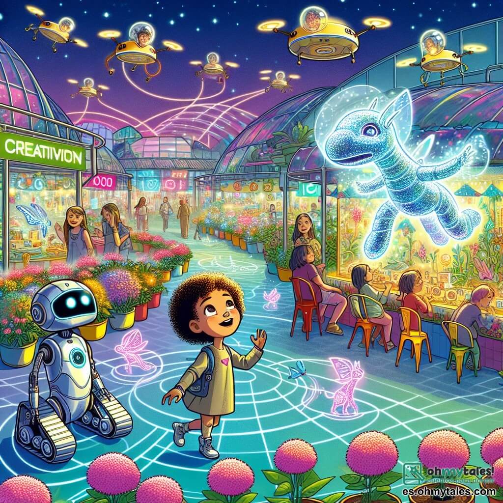 Ziri, un pequeño robot explorador con ojos brillantes y un cuerpo metálico reluciente, se encuentra en el centro de la escena, mostrando una expresión de curiosidad y asombro. Observa a un grupo de niños, entre ellos Lía, una niña de cabello rizado y ojos chispeantes, que ríe alegremente mientras corre tras un dragón de cristal brillante. El lugar es el vibrante Mercado de la Creatividad, lleno de puestos coloridos donde se exhiben inventos futuristas, rodeado de edificios de vidrio y metal que reflejan los colores del cielo. Drones-jardineros vuelan por encima, polinizando flores luminosas que bordean los caminos. La situación principal muestra a Ziri compartiendo su experiencia de ensueño con los niños, incitándolos a imaginar y crear, mientras hologramas de sus ideas flotan a su alrededor, iluminando el espacio con colores vibrantes y entusiasmo.