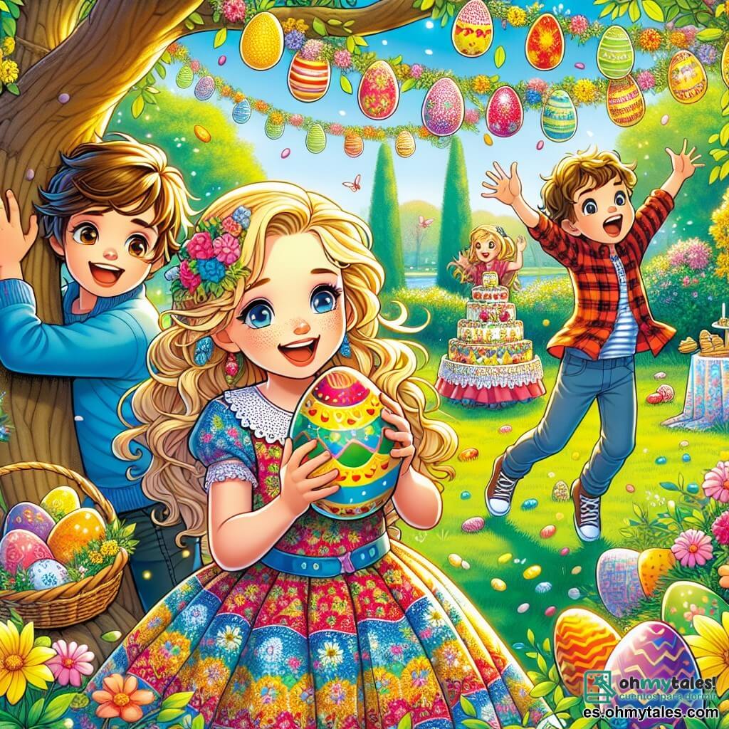 Una niña de 12 años, llamada Sofía, con largas trenzas rubias y un vestido colorido, sonríe alegremente sosteniendo un huevo de Pascua decorado con colores vivos. Está rodeada de sus dos amigos: Lucas, un niño de 11 años con cabello castaño y gafas, que se arrodilla para buscar un huevo escondido detrás de un árbol, y Martina, una niña de 10 años con cabello rizado y una falda de flores, que lo anima levantando los brazos. La escena tiene lugar en un parque soleado, lleno de flores brillantes y árboles majestuosos, con guirnaldas de papel colorido colgadas entre las ramas. Al fondo, se ve una gran mesa decorada con pasteles y golosinas de Pascua. Sofía, llena de entusiasmo, participa en una alegre búsqueda de huevos, buscando con sus amigos los huevos escondidos mientras ríen y se divierten, creando una atmósfera festiva y mágica.