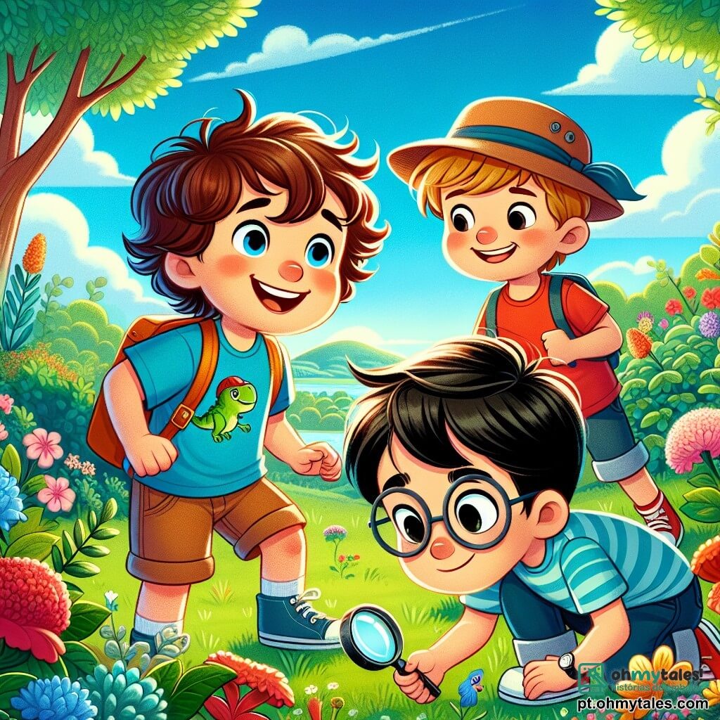 Em um parque ensolarado, três meninos estão em plena aventura. Lucas, um menino de três anos, tem cabelos cacheados e usa uma camiseta azul com um pequeno dinossauro. Ele está sentado na grama, sorrindo, com um olhar curioso. À sua direita, João, um menino de quatro anos, tem cabelos loiros e usa um chapéu de pirata. Ele segura uma lupa na mão, pronto para procurar o tesouro. À esquerda, Pedro, um menino de cinco anos, tem cabelos negros e usa uma camiseta vermelha. Ele se inclina para frente, olhando sob um arbusto com emoção. O parque está cheio de flores coloridas, árvores majestosas e um céu azul com algumas nuvens brancas. Os meninos estão procurando um tesouro escondido, vasculhando sob as folhas e ao redor das árvores, com expressões de alegria e determinação. Lucas, embora cansado, brilha de felicidade, cercado por seus amigos que o incentivam na busca.