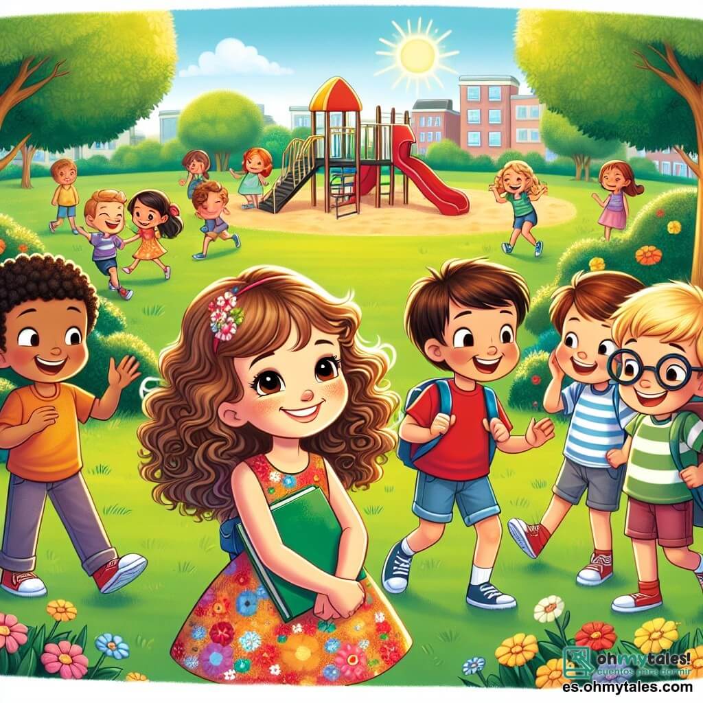 En un parque soleado, vemos a **Sofía**, una niña de ocho años con cabello rizado y un vestido colorido, que sonríe alegremente mientras sostiene un libro en sus manos. A su lado está **Lucas**, un niño de ocho años con gafas y un pequeño andador, que ríe al compartir un chiste con Sofía. Un poco más lejos, **Tomás**, un niño de nueve años con cabello rubio y una camiseta roja, observa con una expresión burlona, rodeado de otros dos niños que ríen con él. El parque está lleno de flores coloridas, árboles verdes y un gran área de juegos donde otros niños se divierten. El cielo es azul con algunas nubes blancas, y la atmósfera es alegre, aunque hay una tensión alrededor de Tomás y su grupo. La situación principal muestra a Sofía y Lucas, unidos y valientes, enfrentando a Tomás para defender a su amigo, con expresiones decididas en sus rostros. Sofía levanta la mano para hablar, mientras Lucas sonríe con confianza, demostrando que la amistad y el respeto pueden triunfar sobre las burlas.