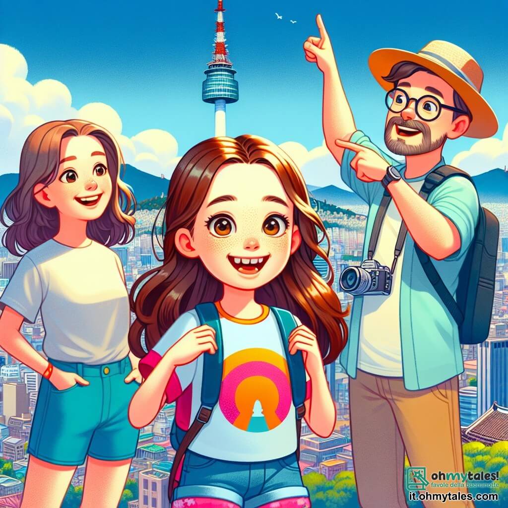 Una ragazza di 12 anni, Sofia, con lunghi capelli castani e occhi pieni di curiosità, si trova in cima alla Namsan Tower a Seul. Indossa una maglietta colorata e pantaloni corti, sorridendo con meraviglia mentre guarda il panorama della città che si estende a perdita d'occhio. Accanto a lei, sua madre, una donna di circa 40 anni con capelli castani e occhiali, scatta una foto con la sua macchina fotografica, mostrando un sorriso caloroso. Suo padre, un uomo di circa 42 anni con una leggera barba e un cappello da sole, indica un'attrazione lontana, condividendo il suo entusiasmo con la figlia. La Namsan Tower è un luogo iconico che sovrasta Seul, circondato da un cielo blu brillante e nuvole bianche e soffici. In basso, la città è un mix di grattacieli moderni e edifici tradizionali, con alberi verdi e strade animate. La scena principale mostra Sofia, meravigliata, che scopre la bellezza di Seul dall'alto, circondata dalla sua famiglia, catturando un momento di gioia e scoperta nel loro viaggio.