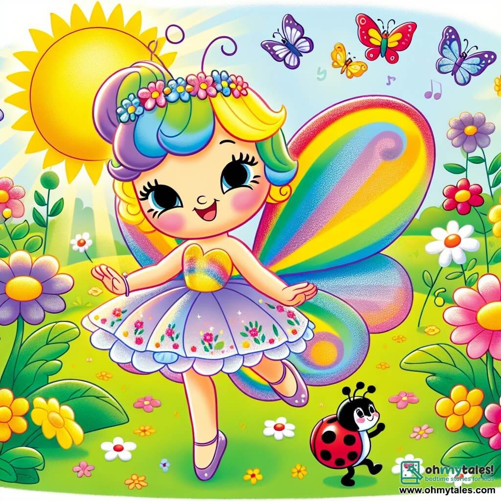 In a sunny garden, a little butterfly named Bella, with colorful wings that shine like a rainbow, joyfully dances among the flowers. Her face expresses joy and confidence, her eyes sparkling with happiness as she performs a beautiful twirl. Nearby, Leo, a small red ladybug with black spots, enthusiastically claps. He has a big smile on his face, showing his pride for his friend, and is jumping on a green leaf, encouraging Bella to keep dancing. The garden is filled with bright flowers, butterflies fluttering around, and sun rays illuminating the scene, creating a magical and joyful atmosphere. The main focus shows Bella, full of confidence, dancing gracefully and happily, surrounded by her friends who cheer her on, celebrating her bravery and zest for life.