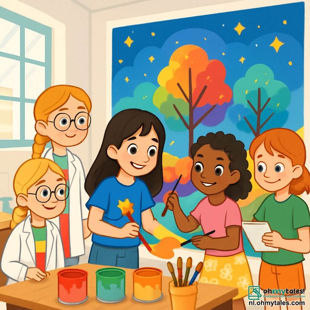 Er zijn 4 kinderen: - Sophie: een 11-jarig meisje met lang bruin haar en sprankelende ogen. Ze draagt een blauwe t-shirt met een verfpatroon en een denim short. Ze is bezig met het schilderen van een grote kleurrijke muurschildering met bomen in felle kleuren. - Emma: een 11-jarig meisje met blond gevlochten haar en ronde bril. Ze draagt een witte labjas en een kleurrijke broek. Ze observeert aandachtig de kleuren van de verf die Sophie gebruikt. - Noor: een 11-jarig meisje met krullend zwart haar en een stralende glimlach. Ze draagt een roze t-shirt en een bloemenrok. Ze staat naast Sophie, houdt een penseel vast en voegt details toe aan de muurschildering. - Anouk: een 11-jarig meisje met rood haar en sproeten. Ze draagt een groene t-shirt en een short. Ze staat iets achteraan, houdt een notitieboek vast en maakt aantekeningen over de kleuren en vormen. De locatie is een grote, lichte werkplaats met witte muren en ramen die zonlicht binnenlaten. Er zijn verfpotten in alle kleuren op houten tafels en penseel in verschillende maten verspreid. Achterin is er een enorme muurschildering in aanbouw, die een magisch landschap met kleurrijke bomen en een sterrenhemel weergeeft. De belangrijkste situatie toont de kinderen die creatief bezig zijn, lachend en elkaar aanmoedigend terwijl ze samen aan hun artistieke project werken, de muur vulend met felle kleuren en verbeelding.