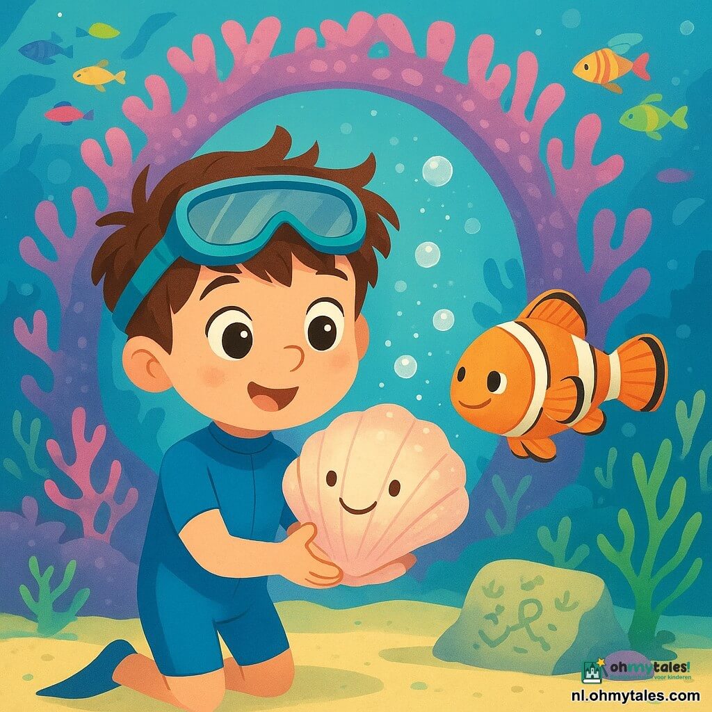 Een 6-jarige jongen, Milo, met warrig bruin haar en grote glanzende ogen draagt een blauw duikpak en een snorkelmasker op zijn voorhoofd en houdt een grote parelachtige schelp vast die zacht glimlacht en kleine lichtbellen uitstoot; een vriendelijke clownvis met oranje-witte strepen zwemt rechts van hem en wijst met zijn neus naar een kaart op een stukje zeewier; voor hen staat een onderwaterkoraalpoort met roze en paarse bogen, bleke zandbodem, golvende groene algen en scholen bonte vissen; Milo staat klaar om onder de koraalpoort te duiken om drie verloren kleine lichtjes te vinden, de scène is helder met bellen, waterreflecties en fonkelende deeltjes.