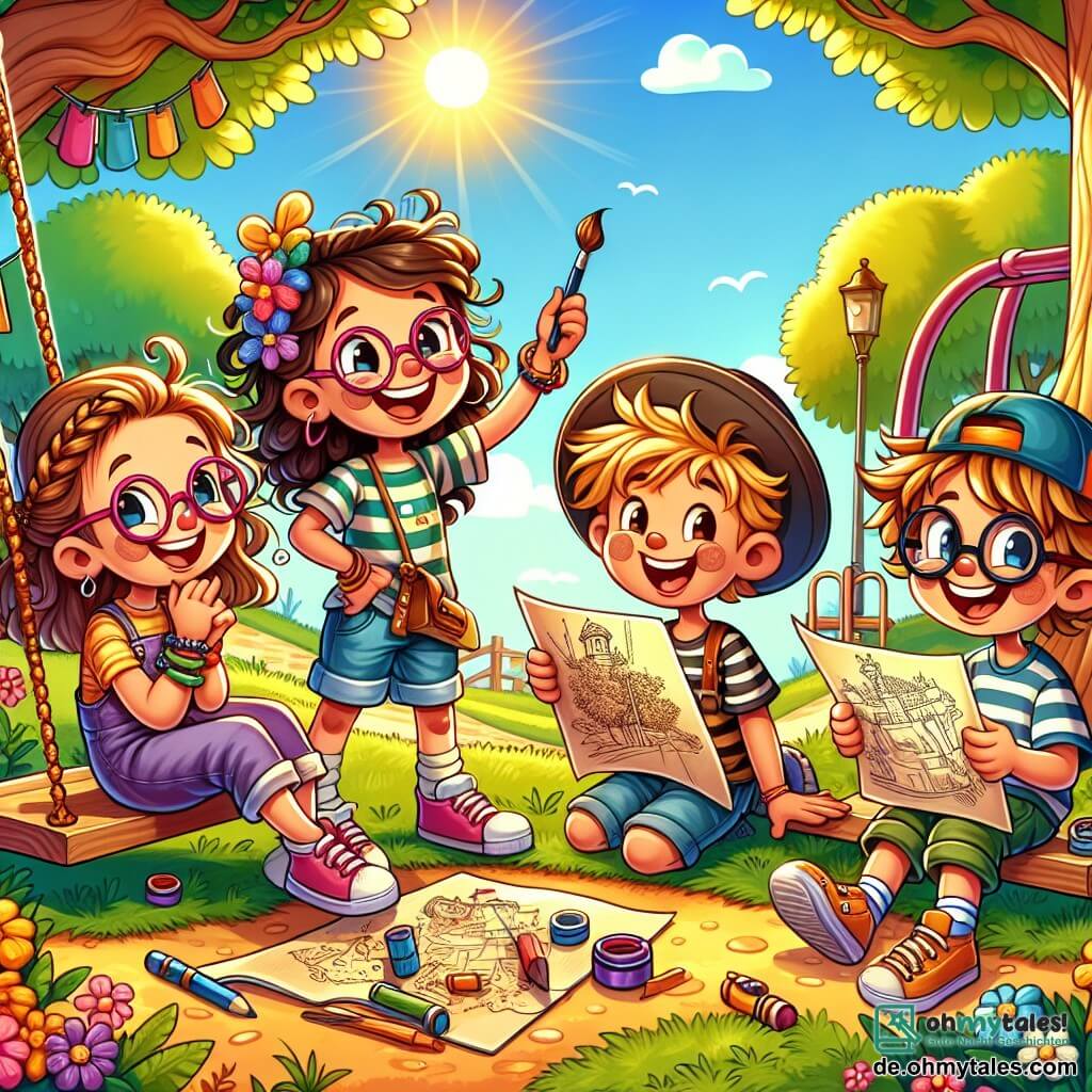 Vier Freunde, zwei Mädchen und zwei Jungen, sind in einem sonnigen Park versammelt. Mia, ein 8-jähriges Mädchen mit lockigem Haar und rosa Brille, steht auf einer Schaukel, lächelt und hält eine Schatzkarte in den Händen. Ben, ein 9-jähriger Junge mit zerzausten blonden Haaren und einem gestreiften T-Shirt, sitzt auf dem Boden und lacht laut, während er eine kleine Piratenflagge hält. Emma, ein 8-jähriges Mädchen mit geflochtenen braunen Haaren und einem Buch in der Hand, sitzt auf einer Bank neben einem Baum und beobachtet ihre Freunde mit einem schelmischen Lächeln. Luca, ein 9-jähriger Junge mit Brille und Malerhut, zeichnet begeistert einen Plan auf ein Blatt Papier. Der Park ist grün, mit großen Bäumen, bunten Blumen und einem gewundenen Weg, der zu einer großen Rutsche führt. Der klare blaue Himmel erhellt die Szene. Die Freunde sind bei der Schatzsuche, lachen und ermutigen sich gegenseitig, während sie nach dem nächsten Hinweis suchen, der unter der großen Schaukel versteckt ist. Die Atmosphäre ist fröhlich und voller Kameradschaft, mit Lachen, das in der Luft schallt.