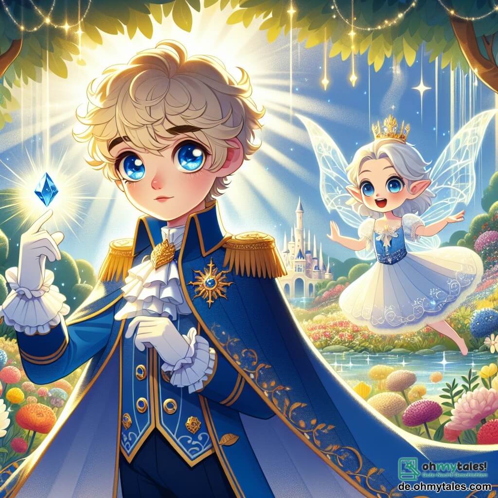 Im Zentrum des Bildes steht der junge Prinz Emil, ein etwa 10-jähriger Junge, mit einem bewundernden und entschlossenen Blick. Er hat lockige blonde Haare, neugierige, strahlende Augen und trägt einen eleganten blauen königlichen Anzug mit goldenen Verzierungen sowie einen wehenden Umhang. Er berührt einen wunderschönen, funkelnden Kristall, das Symbol seiner Träume und seines Mutes. An seiner Seite schwebt Lira, die kleine Elfe, eine zarte Kreatur von etwa 5 Jahren mit durchsichtigen Flügeln und silbernen Haaren. Sie lächelt fröhlich, schwebt leicht über dem Boden und hält einen kleinen, magischen Stock, der sanft leuchtet. Der Hintergrund ist ein verzauberter Garten voller bunter Blumen und leuchtender Pflanzen. Sonnenstrahlen filtern durch majestätische Bäume und schaffen eine magische Atmosphäre. Im Hintergrund erhebt sich ein funkelndes Schloss auf einem Hügel, umgeben von sanften, wolkigen Nebeln. Die Hauptsituation zeigt Prinz Emil, der den magischen Kristall im Herzen des Gartens der Illusionen entdeckt, einen entscheidenden Moment, in dem er die Kraft seines Herzens und seiner Träume erkennt, bereit, sein Schicksal zu umarmen.