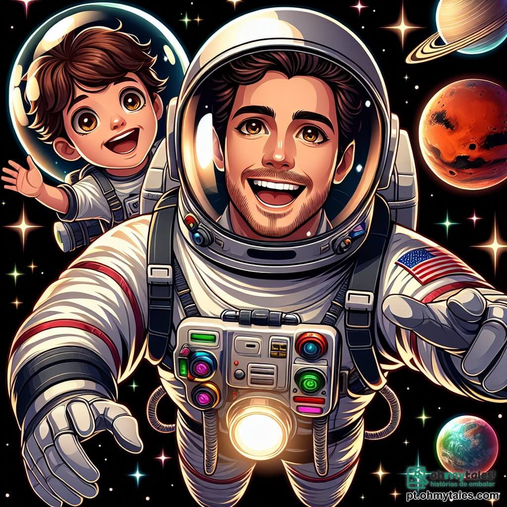 Um astronauta, Lucas, está no centro da imagem, flutuando alegremente no espaço. Ele usa um grande capacete brilhante e um traje espacial branco com detalhes coloridos. Seu rosto irradia excitação e curiosidade, enquanto seus olhos brilhantes observam as estrelas ao seu redor. Ao seu lado está Estela, um garoto de 8 anos, com cabelos castanhos e olhos arregalados, sorrindo com admiração. Ele veste uma roupa espacial menor, com padrões coloridos, e estende a mão em direção a uma estrela brilhante. Ao fundo, o espaço é preenchido com planetas coloridos, incluindo Marte, visível ao longe. Estrelas cintilantes iluminam o céu negro, criando uma atmosfera mágica e misteriosa. A cena principal mostra Lucas e Estela flutuando juntos, explorando a imensidão do espaço, com expressões de alegria e admiração, prontos para viver uma grande aventura intergaláctica.