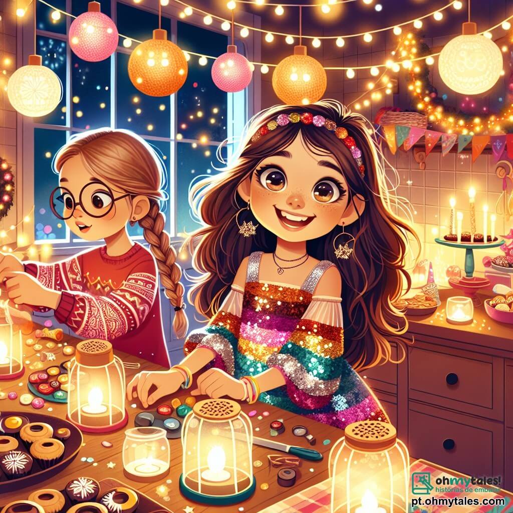 Uma menina de 12 anos, Laura, com longos cabelos castanhos e olhos brilhantes, está no centro da imagem, sorridente e cheia de entusiasmo, decorando uma mesa para a festa de Ano Novo. Ela usa um vestido colorido adornado com lantejoulas e segura estrelas de papel nas mãos, pronta para pendurá-las. Ao lado dela, sua melhor amiga Clara, também de 12 anos, com cabelos loiros trançados e óculos redondos, a ajuda colocando lanternas na mesa. Clara tem uma expressão concentrada, mas alegre, e veste um suéter vermelho com um padrão de floco de neve. A cena ocorre em uma cozinha acolhedora, decorada com luzes e balões coloridos. A luz suave das lanternas cria uma atmosfera festiva, enquanto pratos de doces como brigadeiros e beijinhos estão dispostos na mesa. Laura e Clara estão preparando a festa, cercadas de risos e alegria, com brilhos de luz e cores vivas que evocam a excitação do Ano Novo.