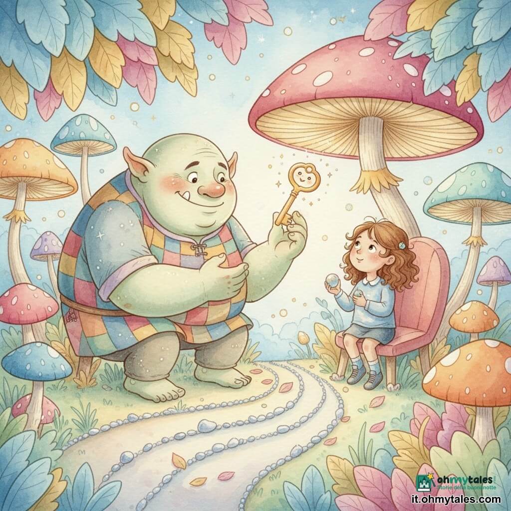 Un dolce orco grande e rotondo dalla pelle verde pallido punteggiata di piccole stelle rosa, in tunica patchwork, si accuccia sorridendo timidamente per mostrare nella sua grande mano una chiave calda; una bambina di sei anni con capelli castani ricci a destra, vicino a un fungo gigante usato come sedia, lo guarda stupita tenendo una biglia lucente; la chiave, piccola, dorata e sorridente, fluttua sopra il fungo emettendo minuscoli bagliori; la scena è un giardino di nuvole con foglie azzurre, rosa e dorate, tre sentieri (petali, ciottoli brillanti, un filo d'argento ondulante) e funghi colorati come ombrelli, atmosfera calma e magica.
