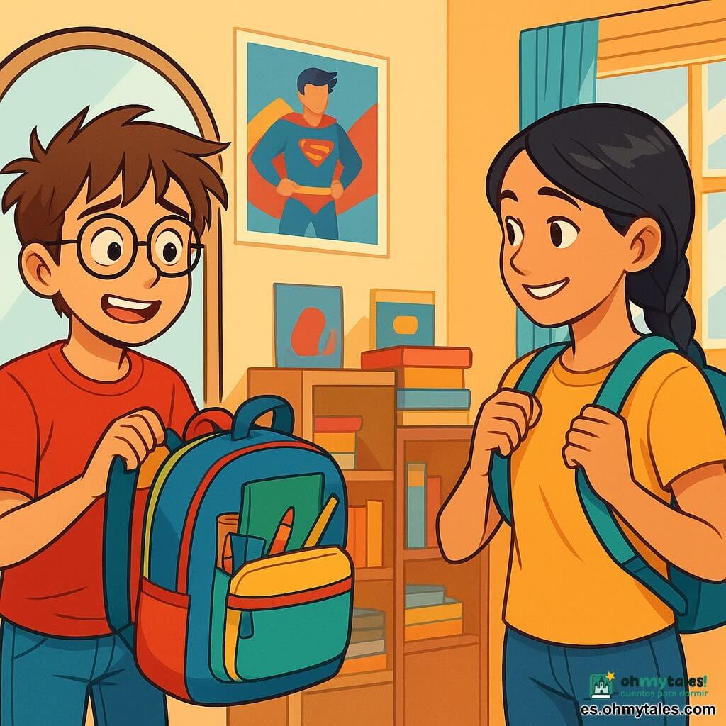 Un niño de 12 años, con el cabello castaño desordenado y gafas redondas, mira su reflejo en un espejo con una expresión de emoción mezclada con un ligero estrés. Lleva una camiseta roja brillante y jeans azules, y sostiene una mochila colorida llena de útiles escolares. A su lado, una niña de 12 años, con largas trenzas negras y una sonrisa cálida, ajusta su propia mochila mientras le lanza una mirada alentadora. Al fondo, una habitación luminosa está decorada con posters de superhéroes y libros apilados, con una ventana abierta que deja entrar la luz de la mañana. La situación principal muestra al niño preparándose para su primer día de escuela, con un ambiente de novedad y anticipación, rodeado de colores vivos y objetos escolares.