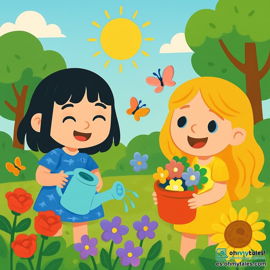 Hay 2 personajes principales: - Luna: una niña de 8 años con cabello negro como la noche, que lleva un vestido azul adornado con pequeñas estrellas blancas. Está sonriendo y sostiene un regadera en sus manos. - Sol: una niña de 8 años con cabello dorado como el sol, vestida con un brillante vestido amarillo. Tiene una gran sonrisa y sostiene un balde lleno de flores coloridas. La situación principal ocurre en el jardín del viejo señor Tomás, lleno de flores brillantes de todos los colores: rosas rojas, girasoles amarillos y violetas delicadas. El jardín está rodeado de grandes árboles verdes, y el sol brilla arriba, creando un ambiente alegre y cálido. La escena muestra a Luna y Sol regando las flores del jardín con entusiasmo, riendo y conversando alegremente mientras embellecen aún más el jardín. Mariposas coloridas vuelan alrededor de ellas, añadiendo un toque mágico a esta escena de camaradería y bondad.