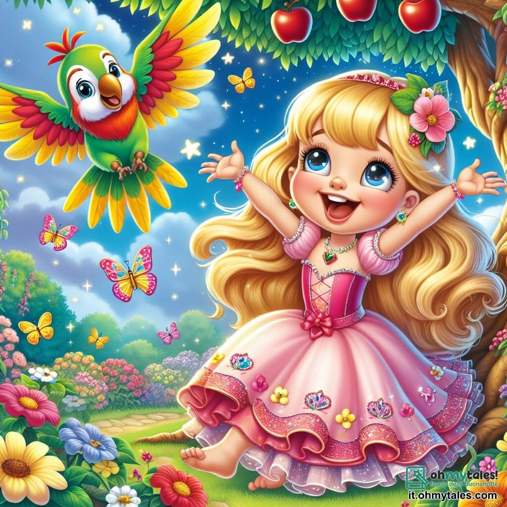La principessa Lella, una ragazza di circa 8 anni con lunghi capelli dorati e un vestito rosa scintillante, è seduta sotto un grande albero di mele, con gli occhi brillanti di gioia e meraviglia. Sorride ampiamente, le braccia aperte, come se stesse per volare nei suoi sogni. Accanto a lei, Pongo, un pappagallo colorato con piume verdi, gialle e rosse, vola gioiosamente attorno a lei, le ali spiegate, emettendo un entusiasta "SQUAWK!". Sembra amichevole e birichino, aggiungendo un tocco di magia alla scena. Il luogo è un giardino incantevole, pieno di fiori dai colori vivaci, con farfalle che danzano nell'aria e un cielo azzurro punteggiato di nuvole soffici. L'albero sotto cui Lella è seduta è maestoso, con mele rosse brillanti appese ai suoi rami. La situazione principale mostra Lella e Pongo che sognano insieme, con Lella che immagina di volare nel cielo, mentre Pongo la incoraggia con grida gioiose. L'atmosfera è piena di risate e magia, catturando lo spirito di avventura e felicità del regno incantato.