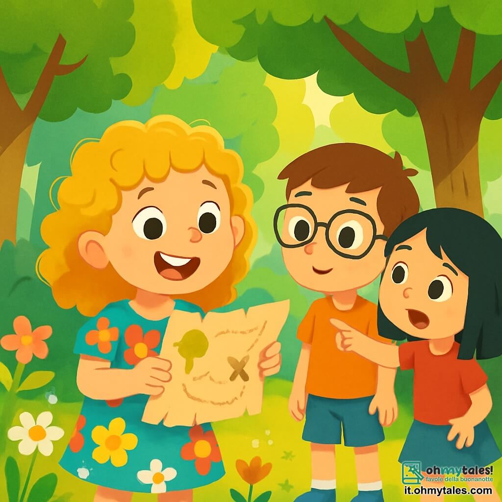 Una bambina di 6 anni, Sofia, con capelli ricci e dorati, indossa un vestito a fiori colorati. Ha un grande sorriso gioioso sul volto, gli occhi brillanti di eccitazione mentre tiene una mappa del tesoro tra le mani. Accanto a lei, Marco, un ragazzo di 6 anni con capelli castani e occhiali, guarda la mappa con curiosità, mentre Giulia, una ragazza di 6 anni con capelli lisci e neri, indica un albero esclamando, entrambi in piedi vicino a Sofia. Il loro ambiente è un magnifico boschetto verdeggiante, con alberi maestosi dalle foglie verdi brillanti, fiori selvatici colorati sparsi sul terreno e raggi di sole che filtrano tra i rami, creando ombre danzanti. La scena principale mostra Sofia e i suoi amici in piena caccia al tesoro, alla ricerca di oggetti nascosti nella natura, pieni di entusiasmo e amicizia, pronti a vivere un'avventura indimenticabile.